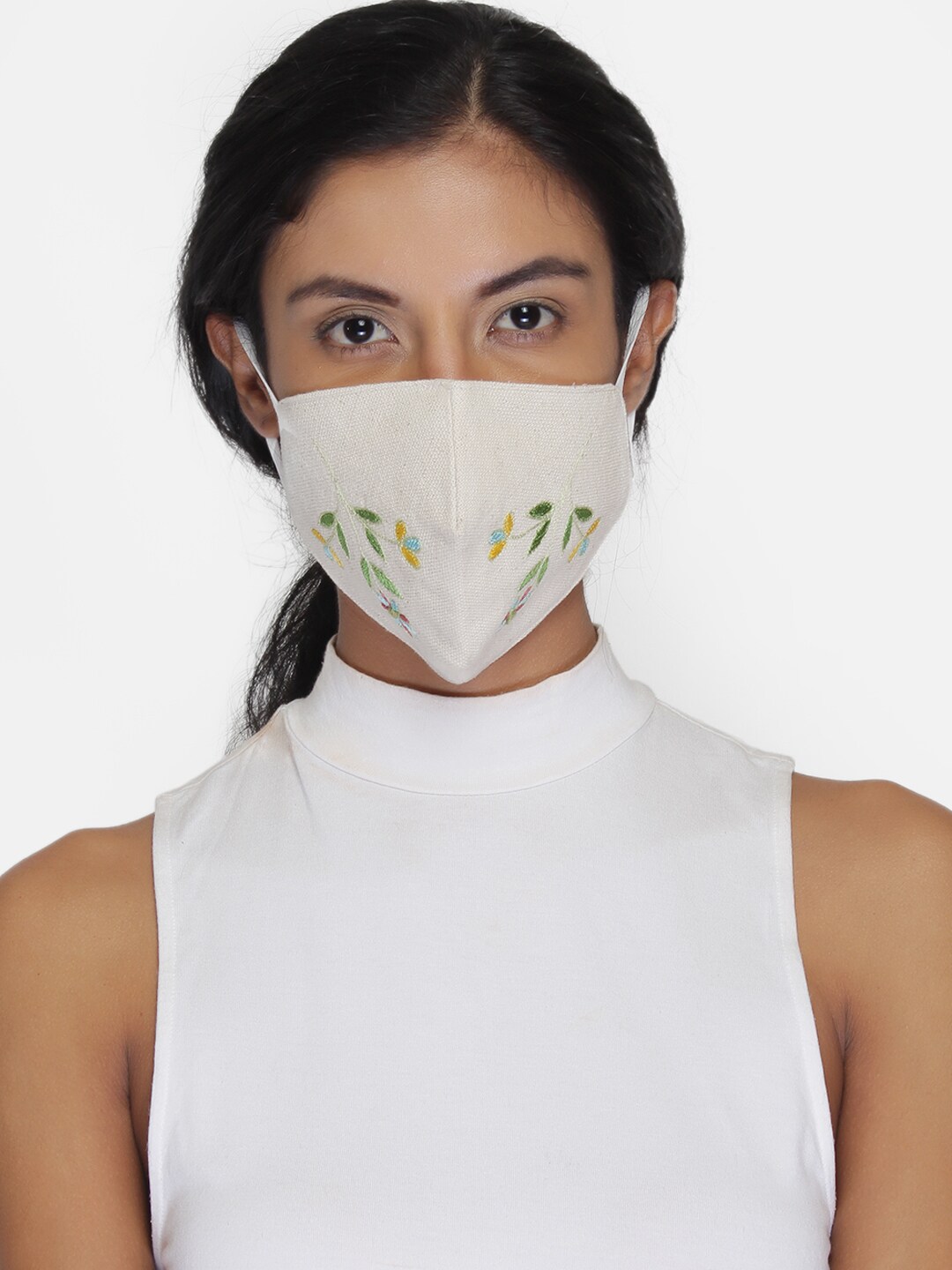 Anekaant Women Off-White Floral Embroidered 3-Ply Reusable Outdoor Masks Price in India
