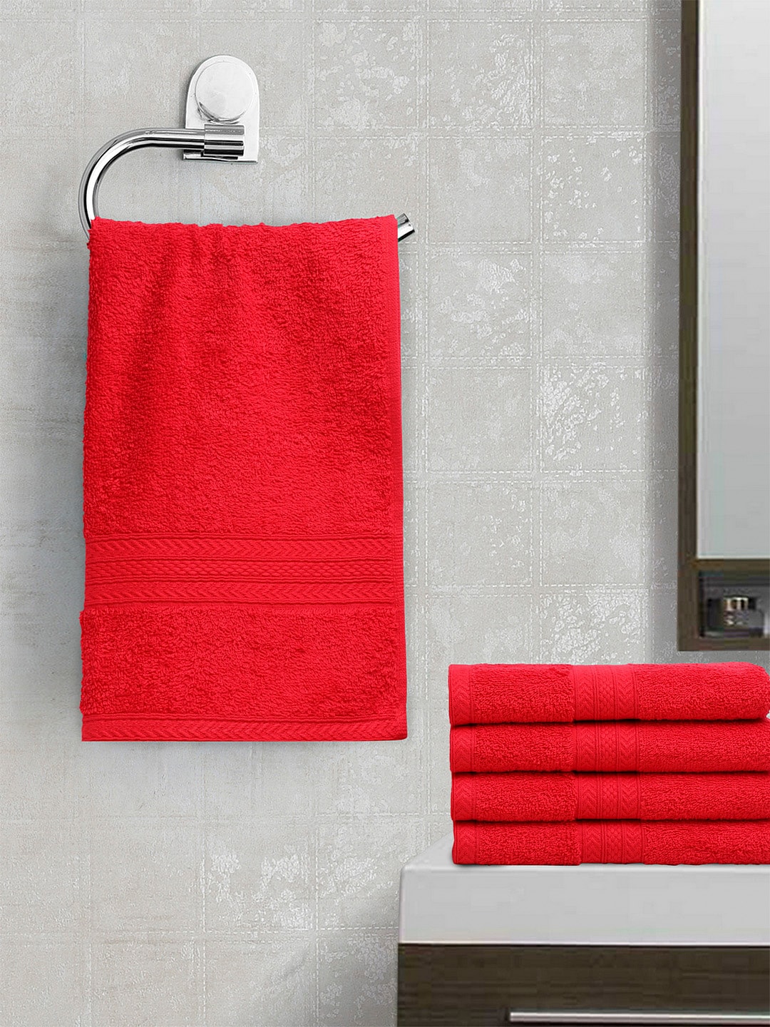 BOMBAY DYEING Unisex Set Of 5 Red Solid Tulip 450 GSM Hand Towels Price in India