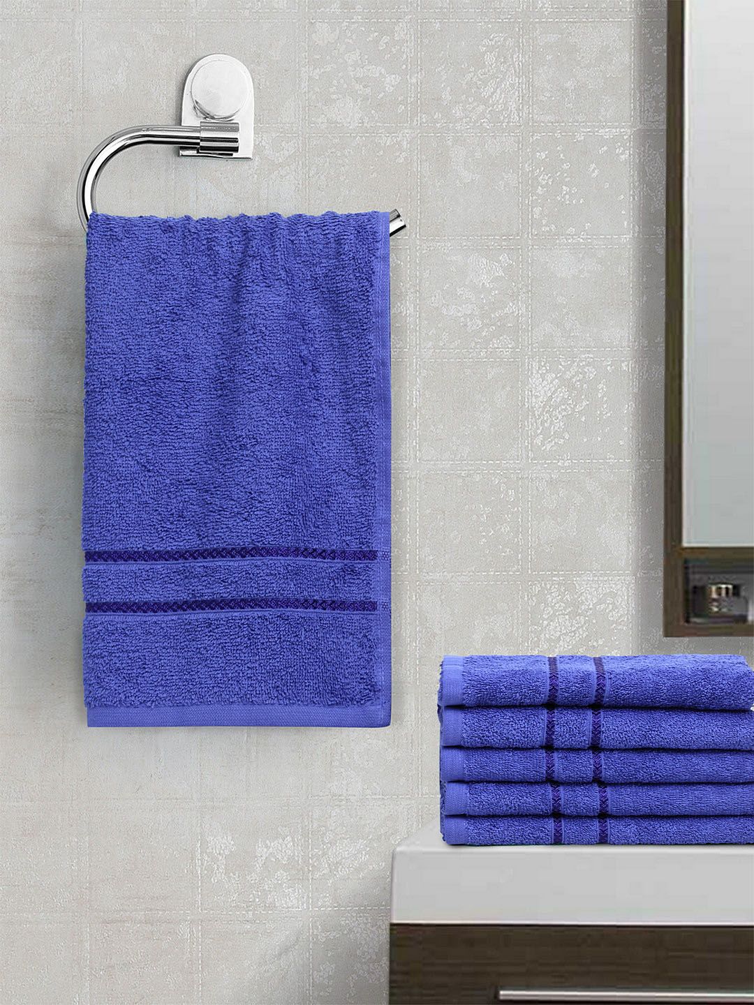 BOMBAY DYEING Unisex Set Of 6 Blue Solid Flora 350 GSM Hand Towels