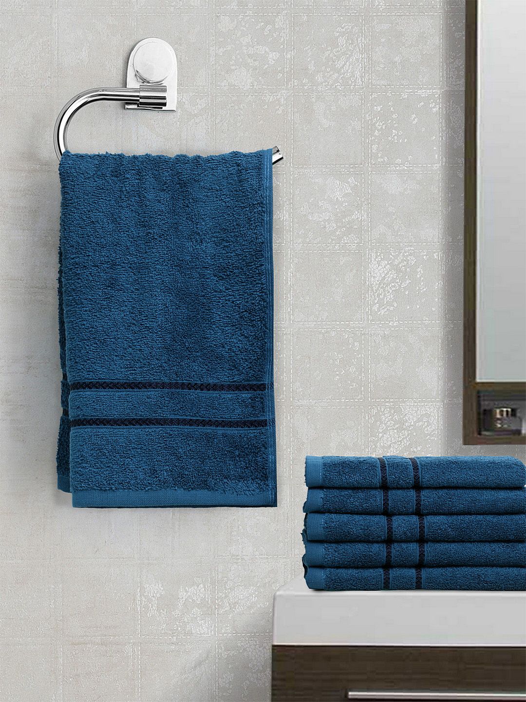 BOMBAY DYEING Unisex Set Of 6 Teal Blue Solid Flora 350 GSM Hand Towels