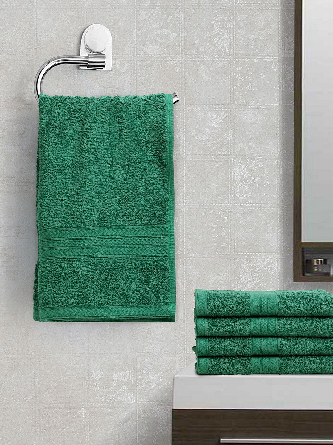 BOMBAY DYEING Unisex Set Of 5 Green Solid Tulip 450 GSM Hand Towels Price in India