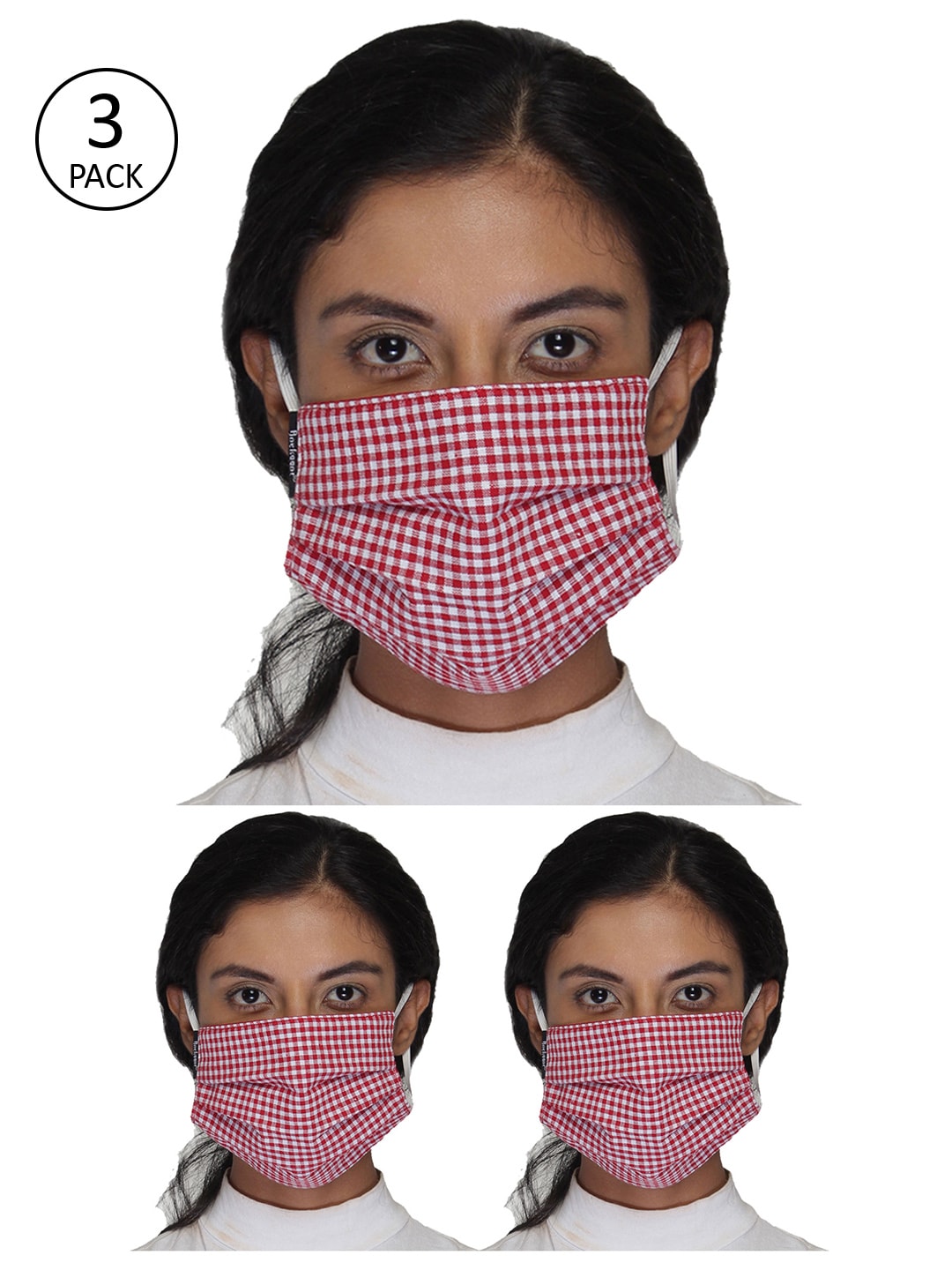 Anekaant Women Red Pack Of 3 Reusable Checkered 3 Ply Cotton Fabric Fashion Mask Price in India