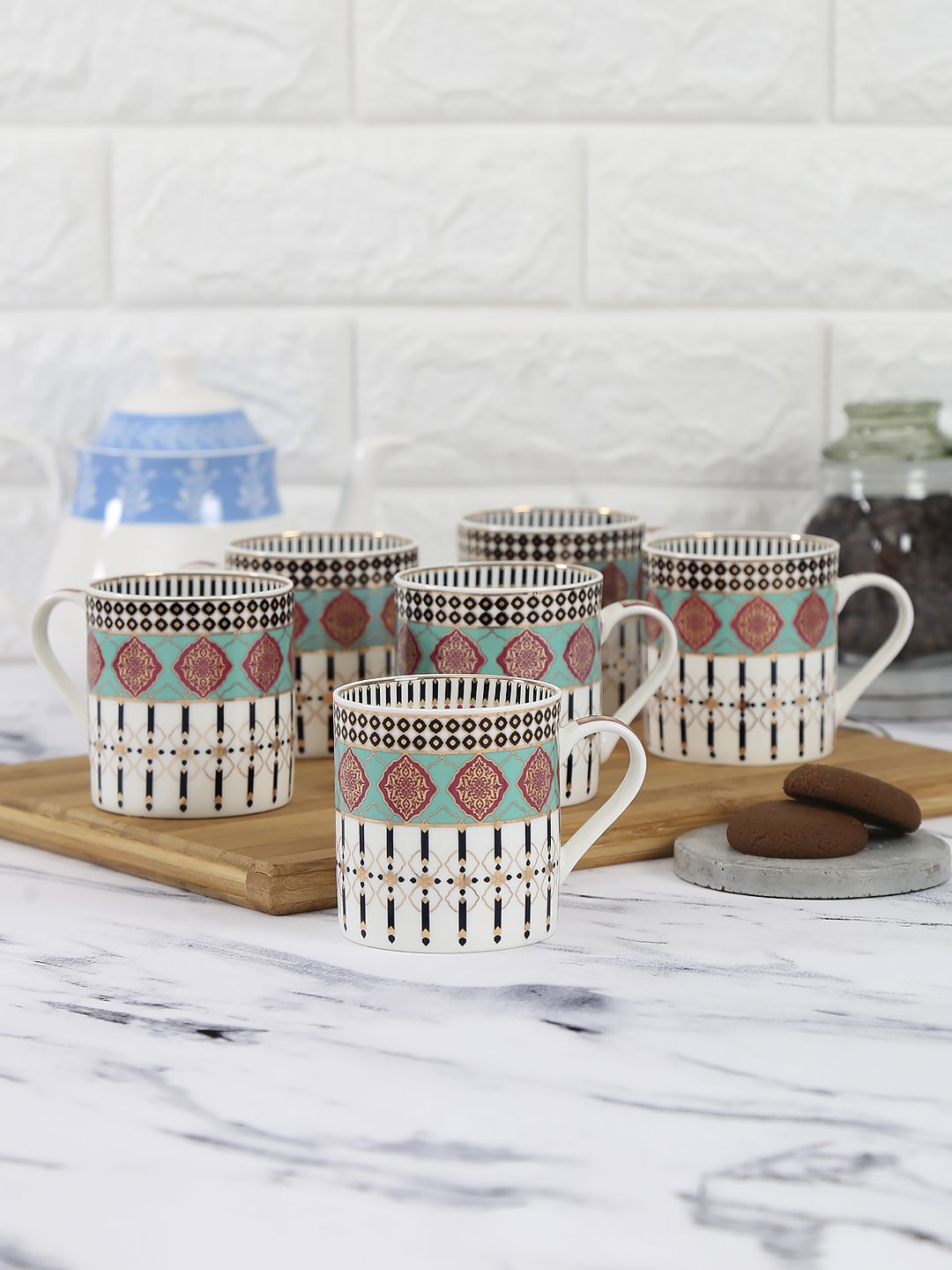 India Circus by Krsnaa Mehta Set Of 6 White & Gold-Toned Printed Floral Reed Coffee Mugs Price in India