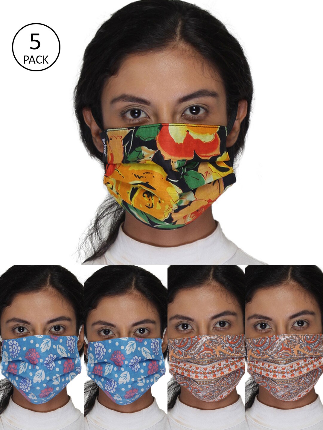 Anekaant Women Pack Of 5 Pcs Multicoloured Printed Reusable 3-Ply Protective Outdoor Masks Price in India