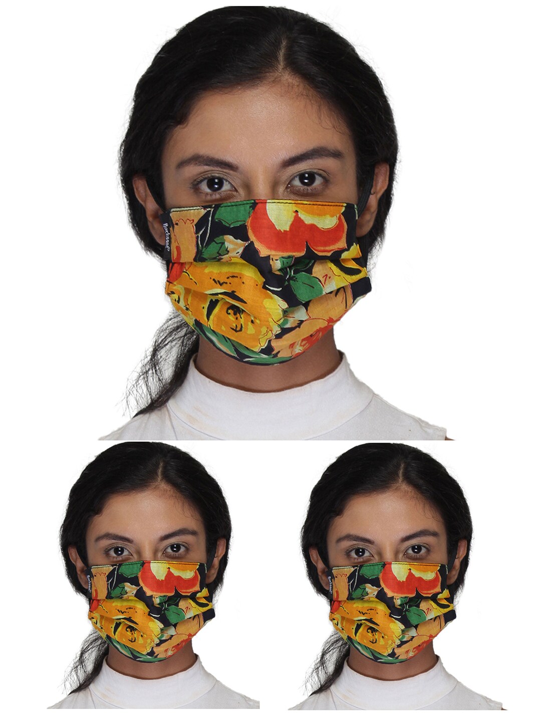 Anekaant Women Pack Of 3 Black & Yellow Printed 3-Ply Reusable Outdoor Cloth Masks Price in India