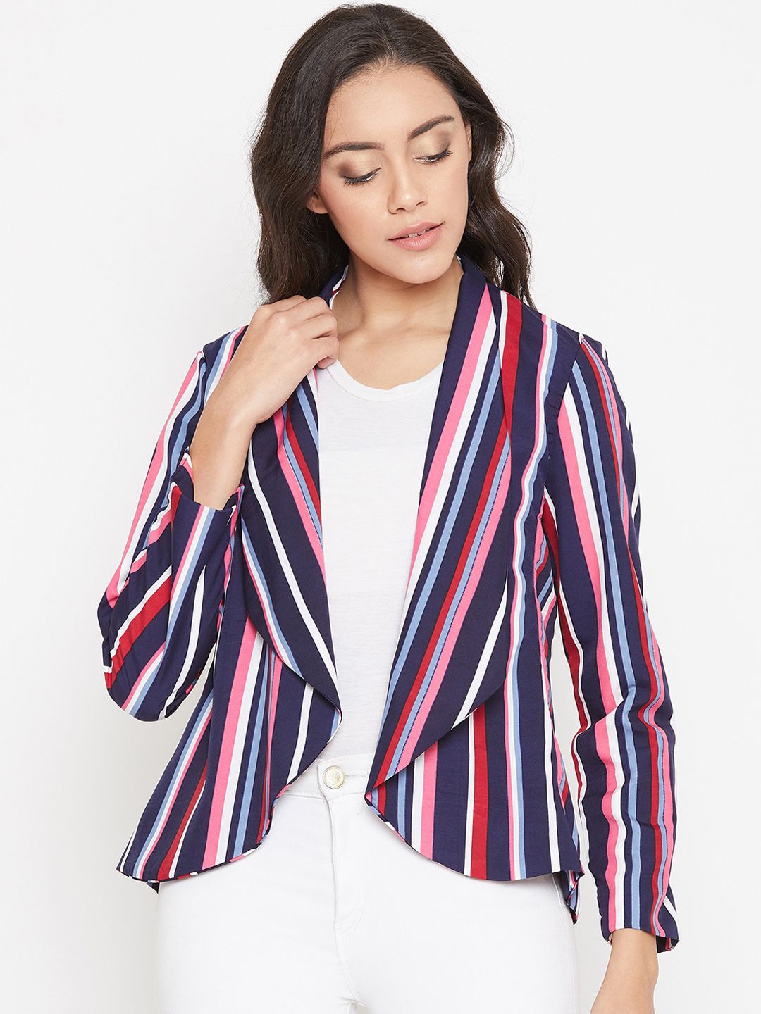 PURYS Women Navy Blue & Pink Striped Open Front Shrug Price in India