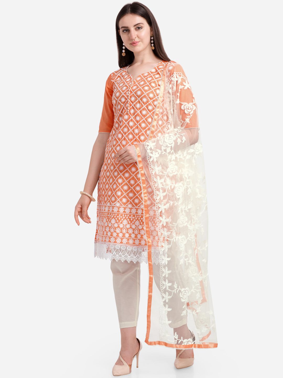 Ethnic Junction Orange & Off-White Cotton Blend Unstitched Dress Material Price in India