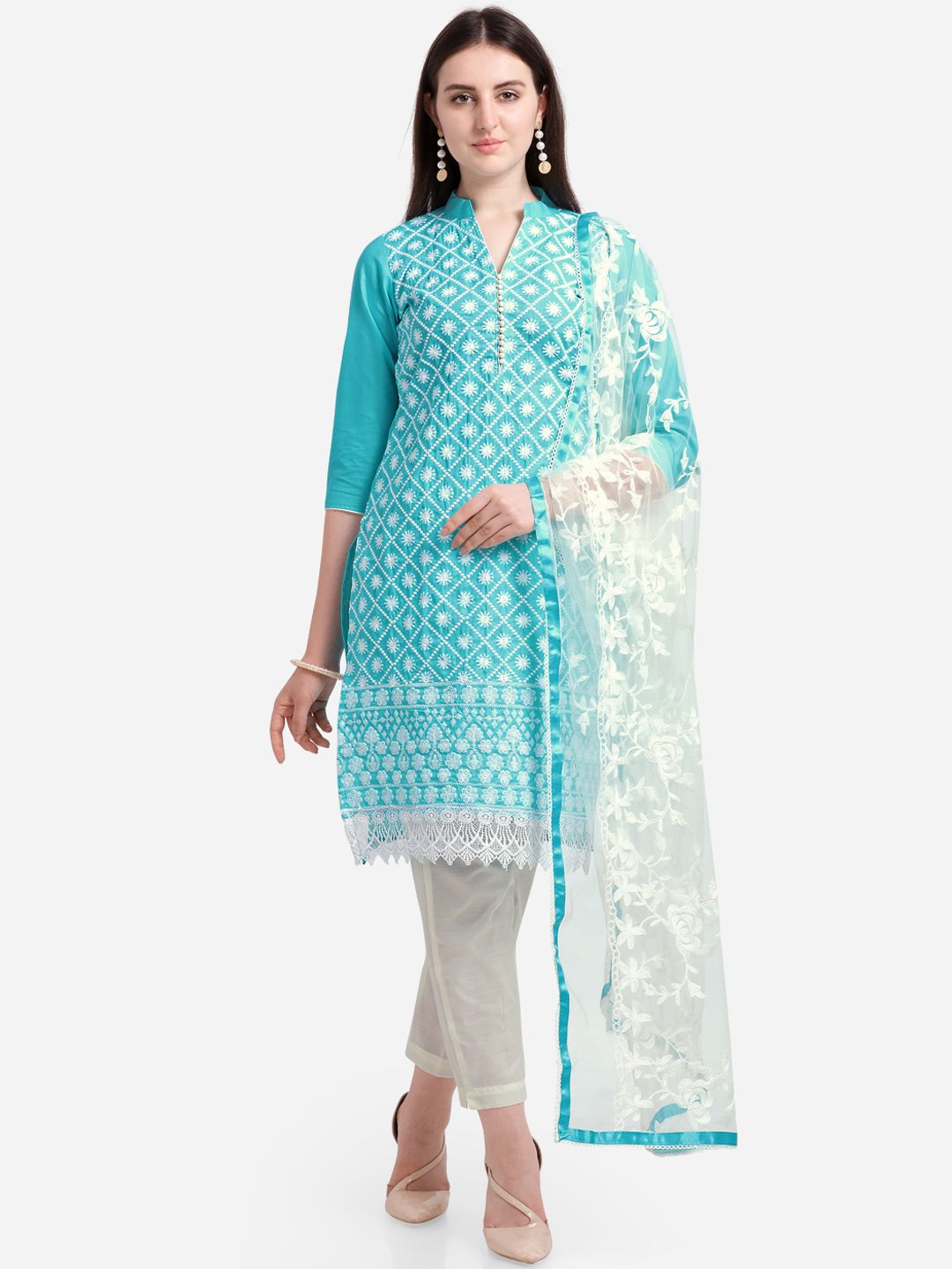 Ethnic Junction Blue & Off-White Cotton Blend Unstitched Dress Material Price in India