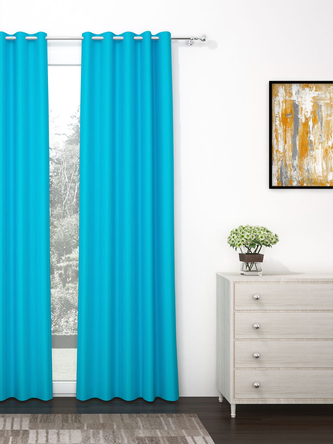 Story@Home Faux Silk Solid 300GSM Ocean Blue Room Darkening Blackout Door Curtain - Set of 1