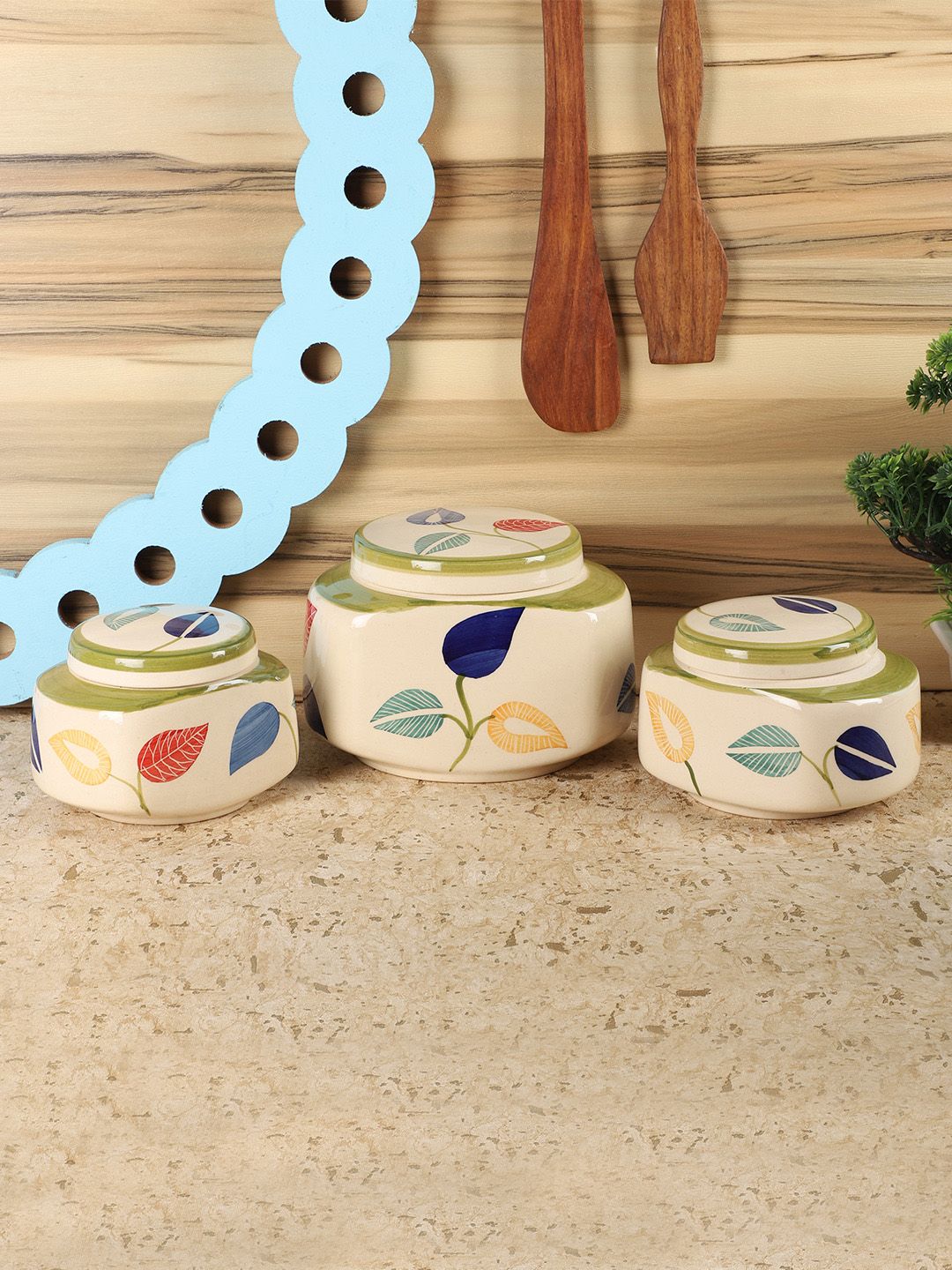 CDI Set Of 3 Off-White & Blue Floral Printed Ceramic Jars Price in India