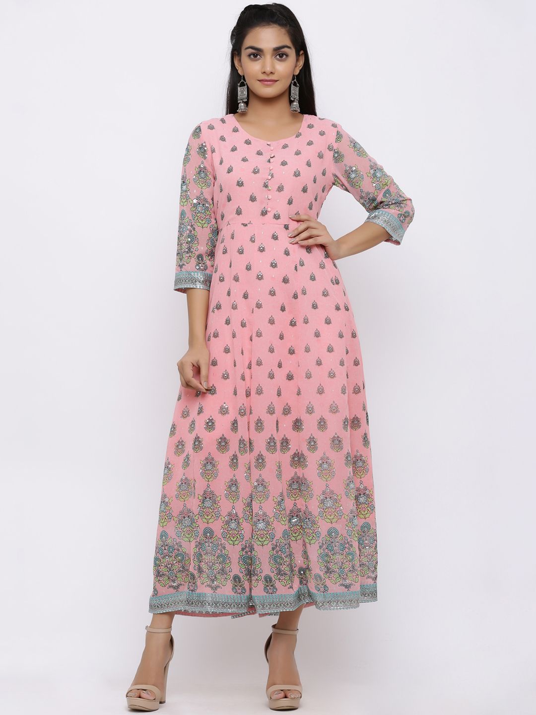 Juniper Women Pink & Grey Printed Fit and Flare Dress Price in India