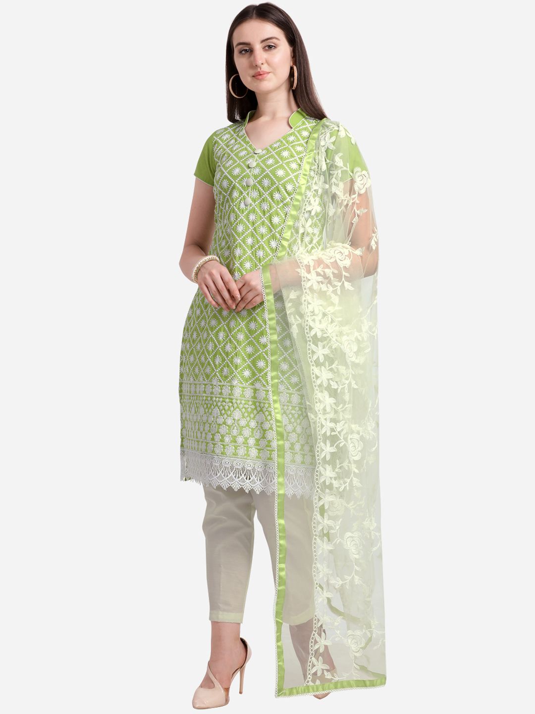 Ethnic Junction Green & Off-White Cotton Blend Unstitched Dress Material Price in India