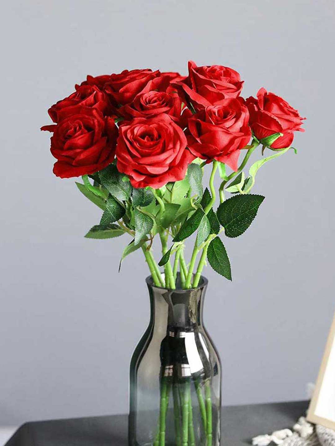 Art Street Set Of 10 Red & Green Artificial Roses Price in India