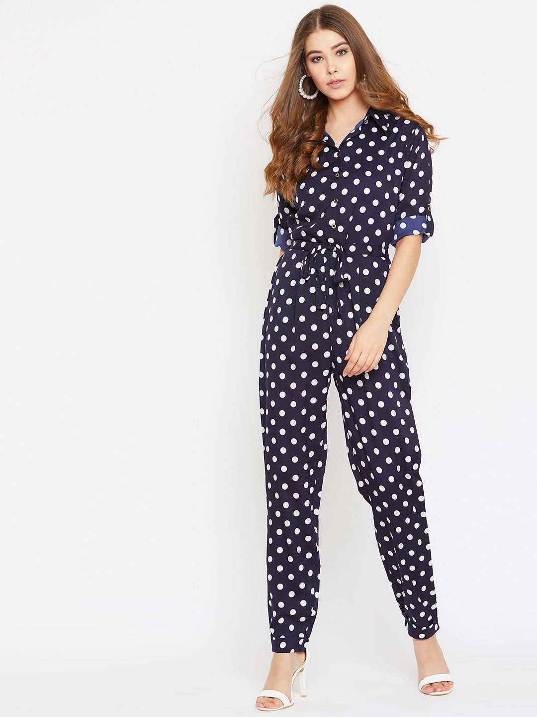 Uptownie Lite Women Blue & White Polka Dot Print Basic Jumpsuit Price in India