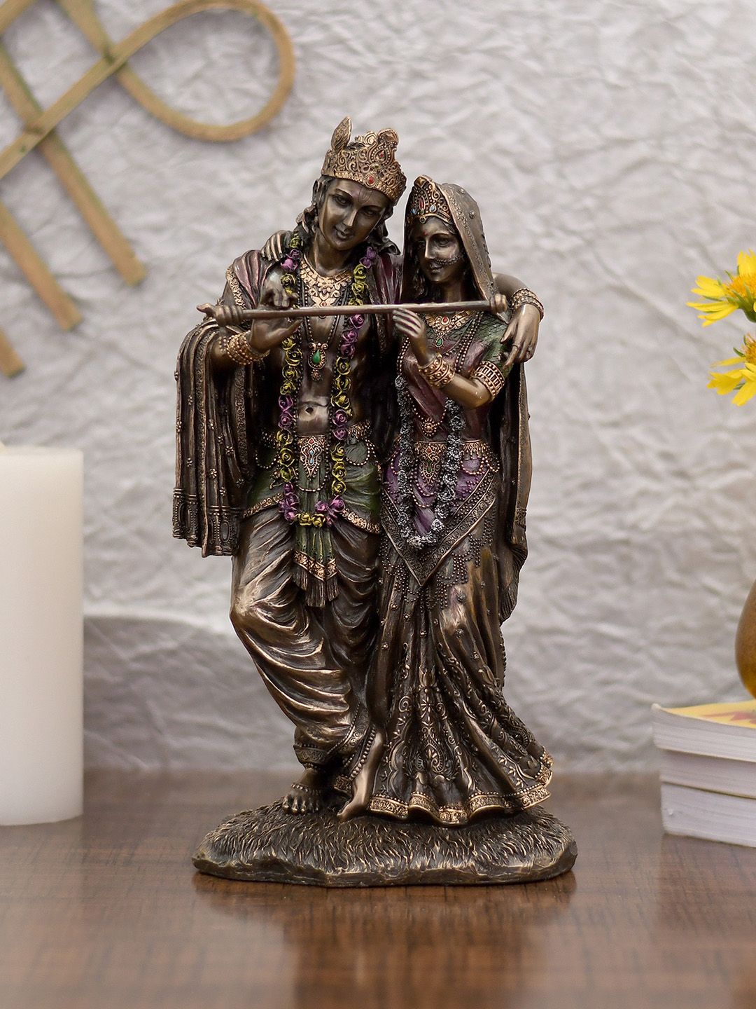 CraftVatika Bronze-Toned & Green Radha Krishna Love Couple Idol Price in India