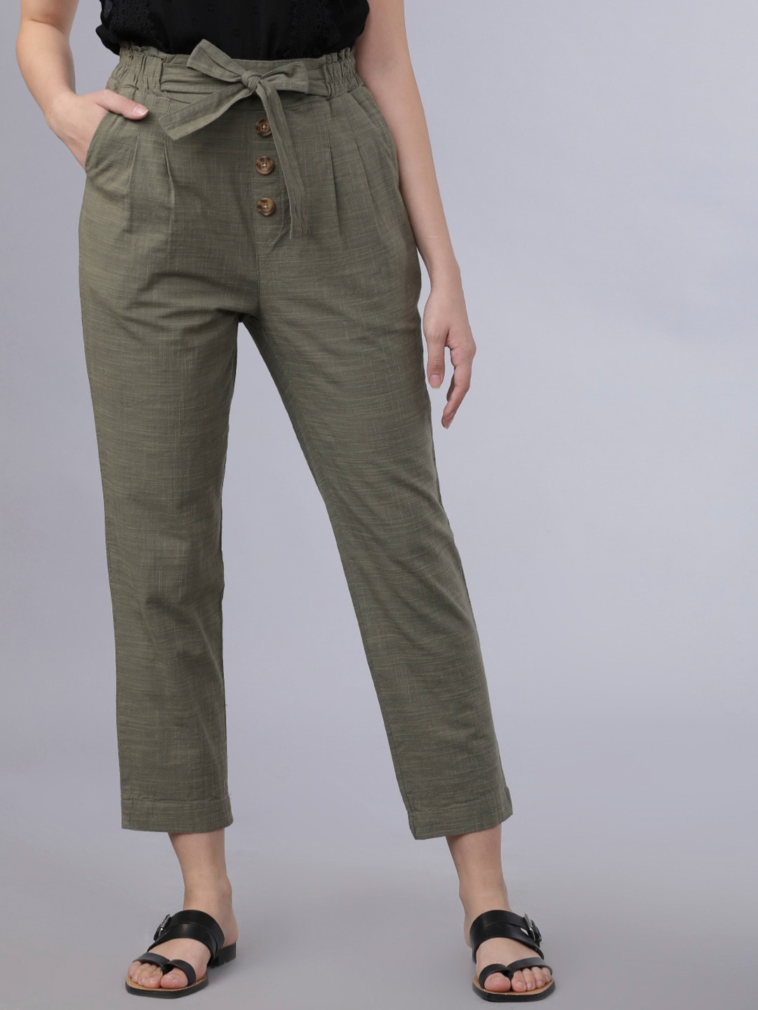Tokyo Talkies Women Olive Green Regular Fit Self Design Ankle Length High-Waist Trousers Price in India
