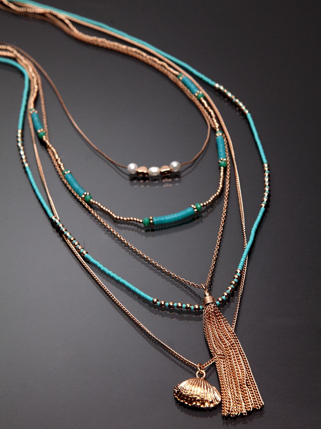 Madame Turquoise Blue & Gold Multi Layered Sequence Necklace Price in India