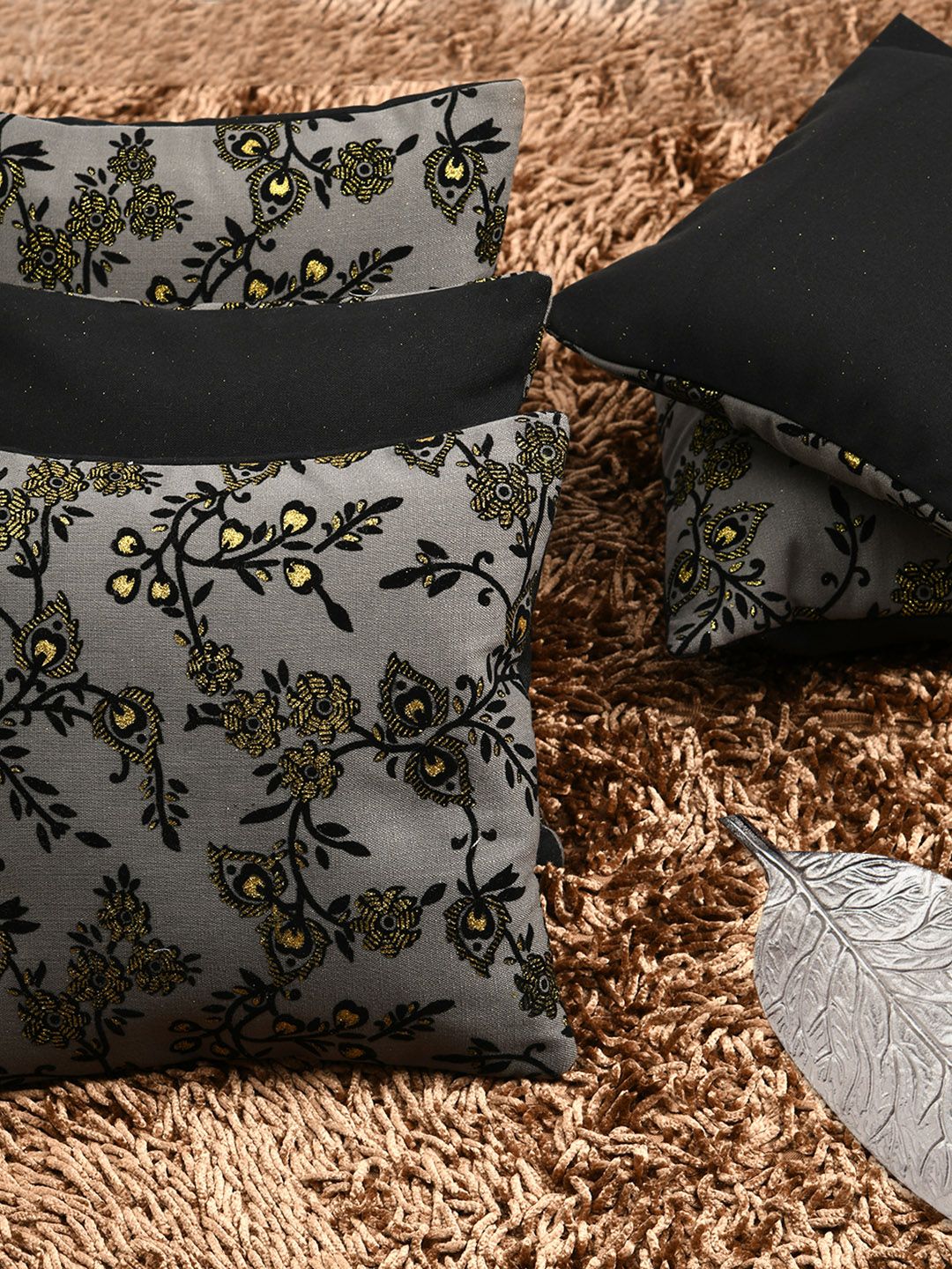 HOUZZCODE Grey & Black Set of 5 Floral Embellished Square Cushion Covers Price in India