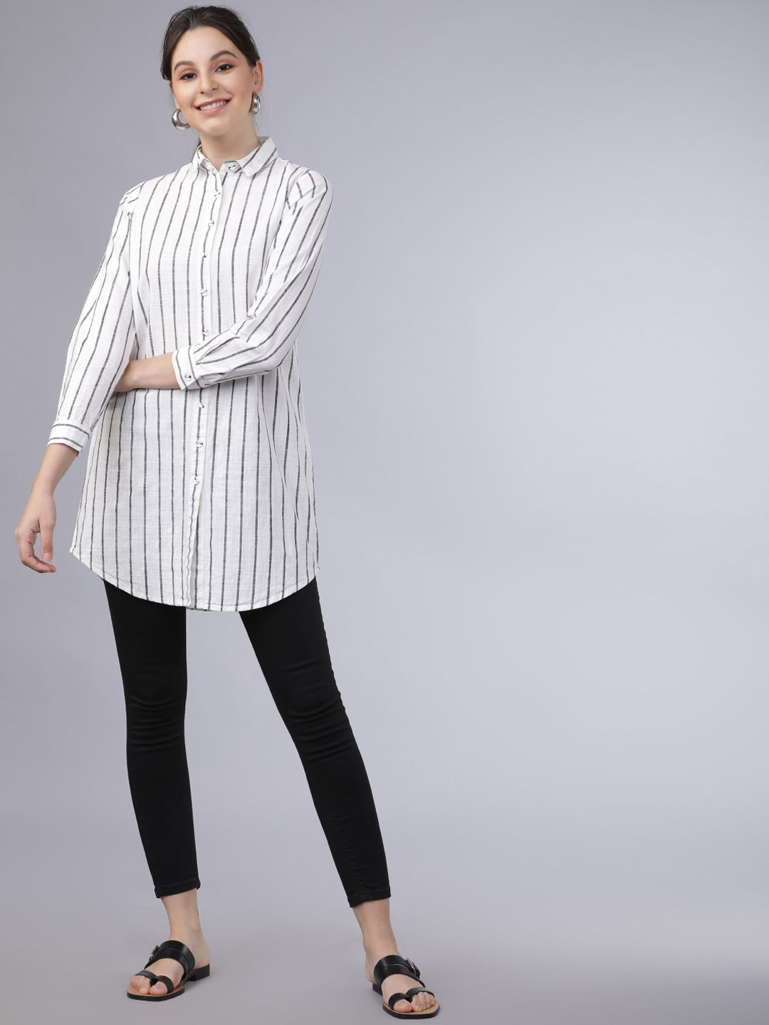 Tokyo Talkies Women Off-White & Black Regular Fit Striped Casual Shirt