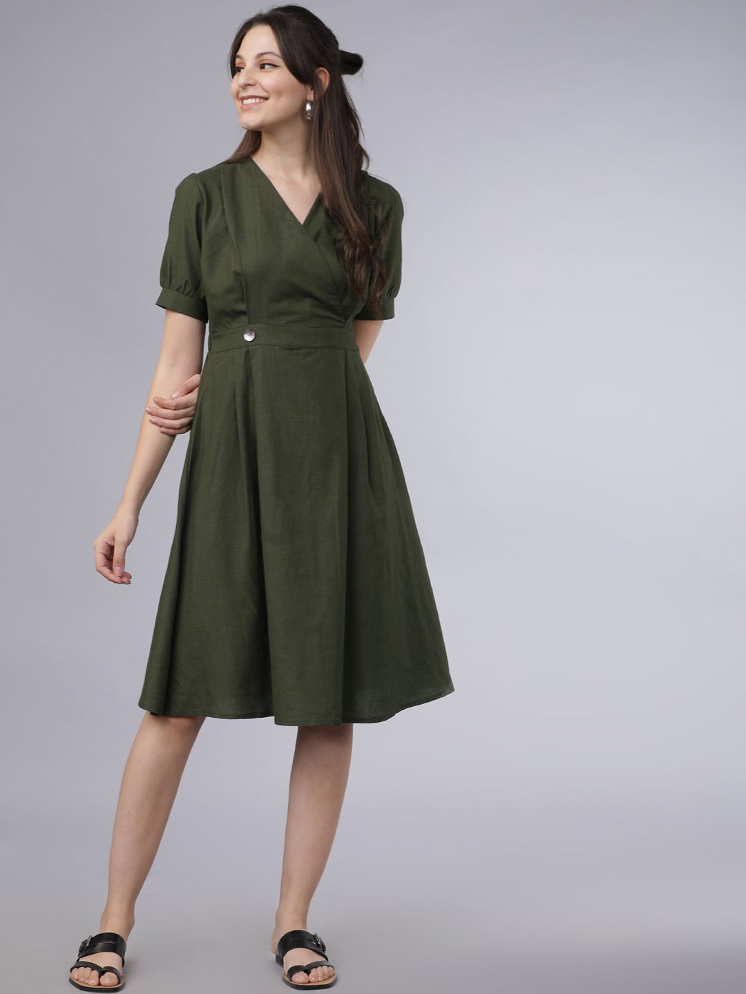 Tokyo Talkies Women Olive Green Solid Fit and Flare Dress Price in India