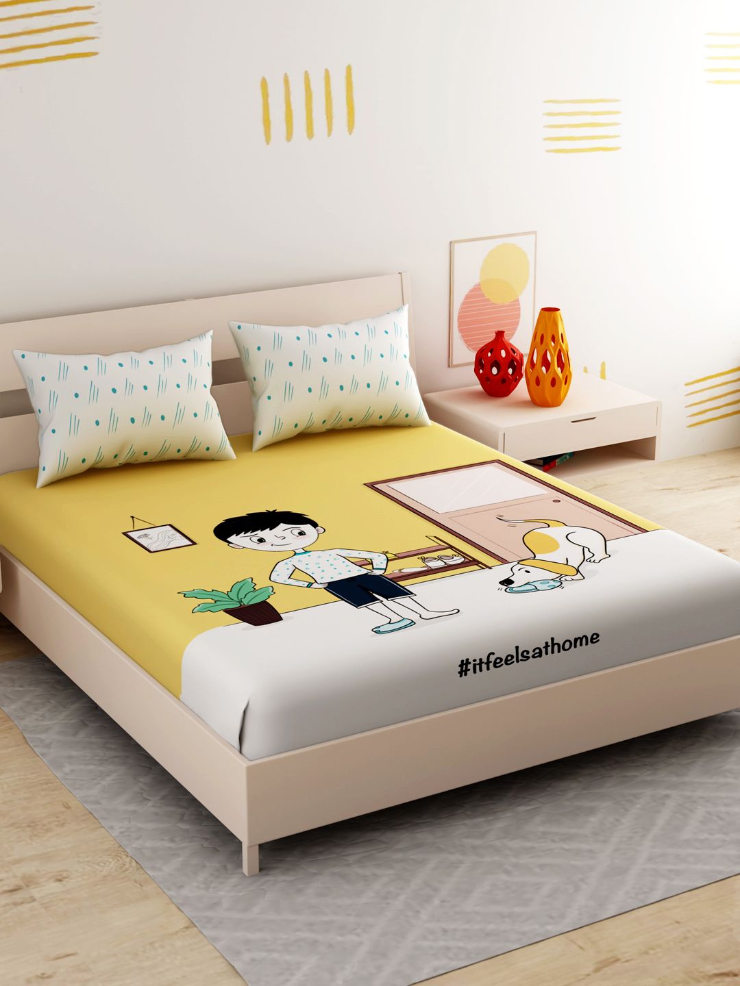 EverHOME Yellow Graphic 210 TC Cotton 1 King Bedsheet with 2 Pillow Covers Price in India