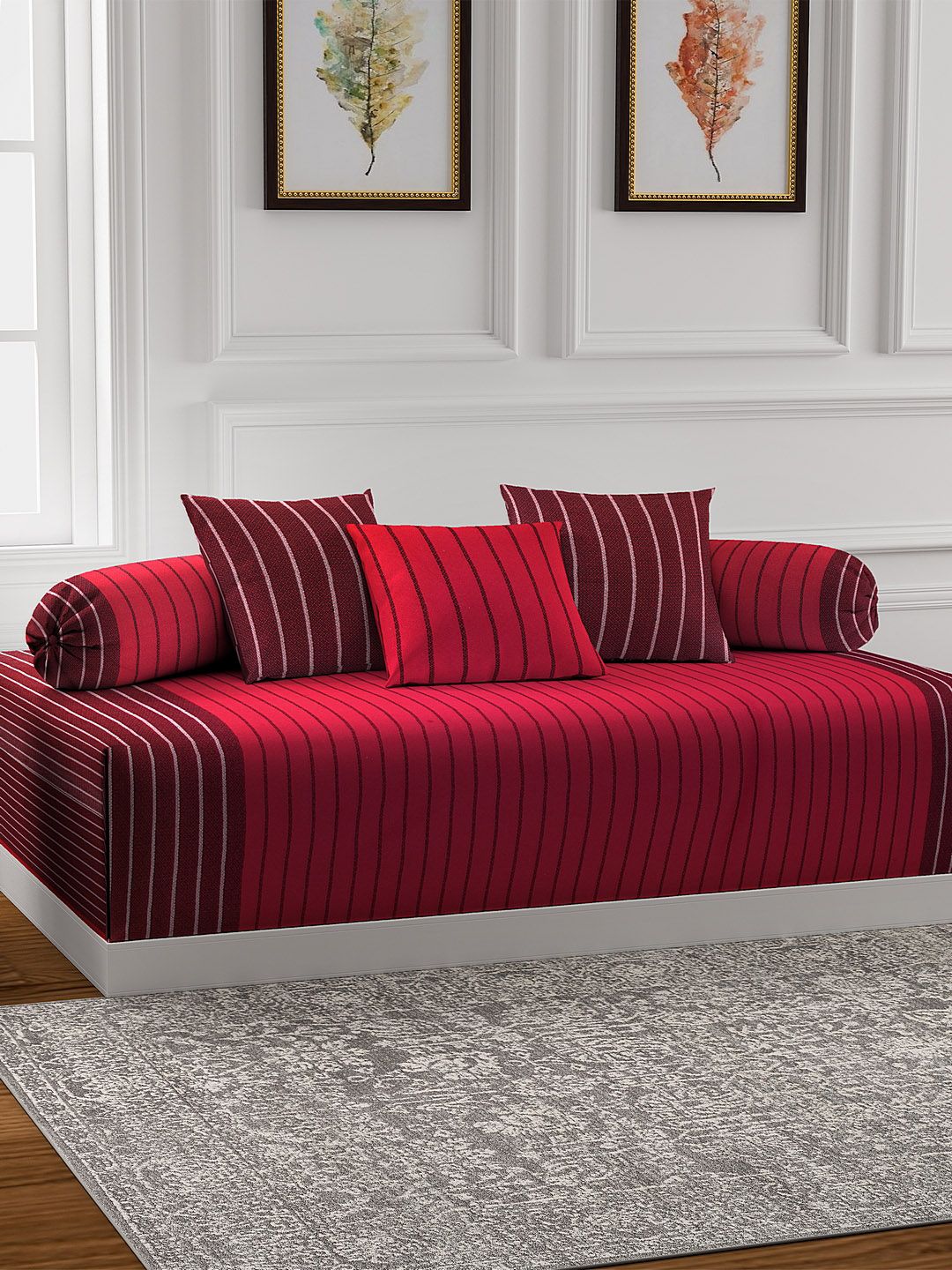KLOTTHE Unisex Set Of 6 Red & Burgundy Striped Bedsheet With Bolster & Cushion Covers Price in India