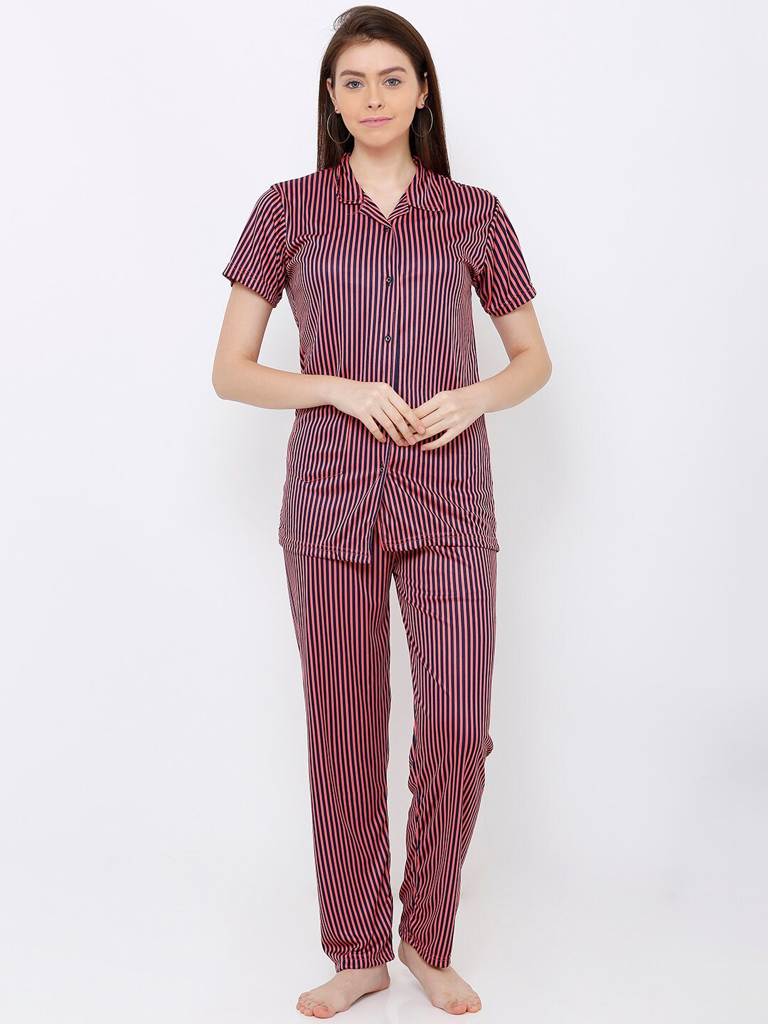 Pretty Awesome Women Coral & Navy Blue Striped Night suit Price in India