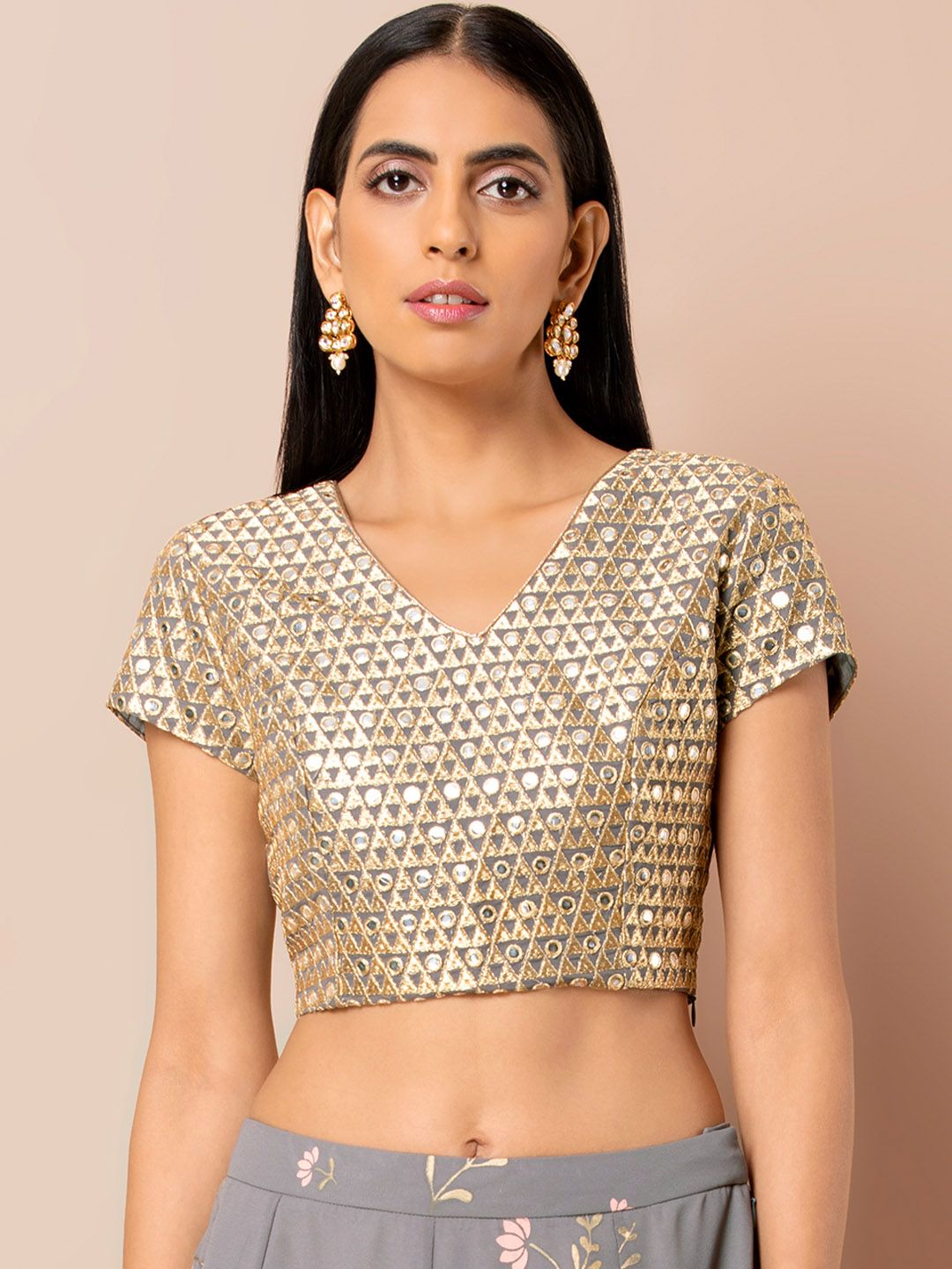 INDYA Women Grey Embroidered Top