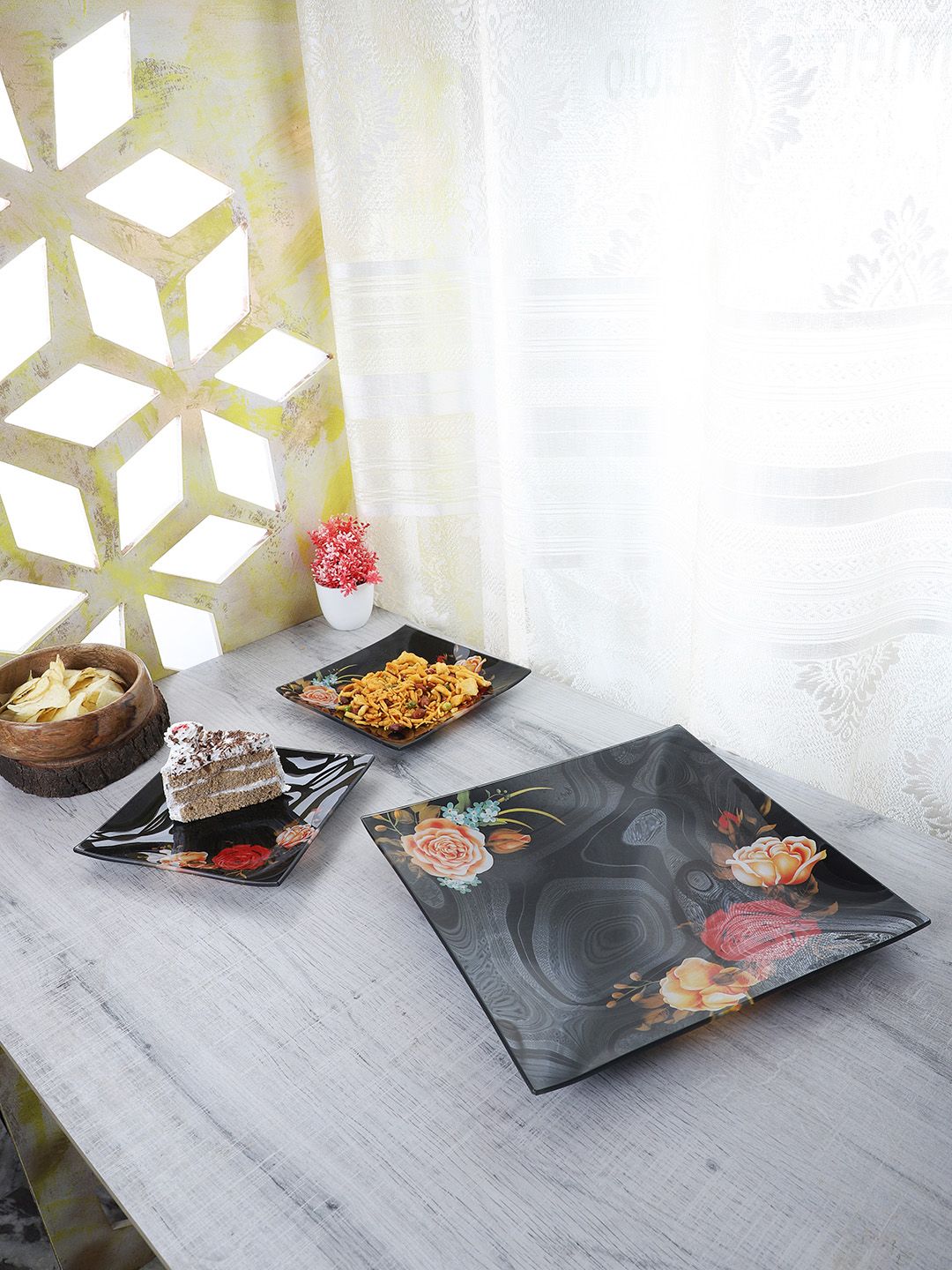 ceradeco 7 Pieces Black & Red Printed Small Plates With Serving Tray Price in India