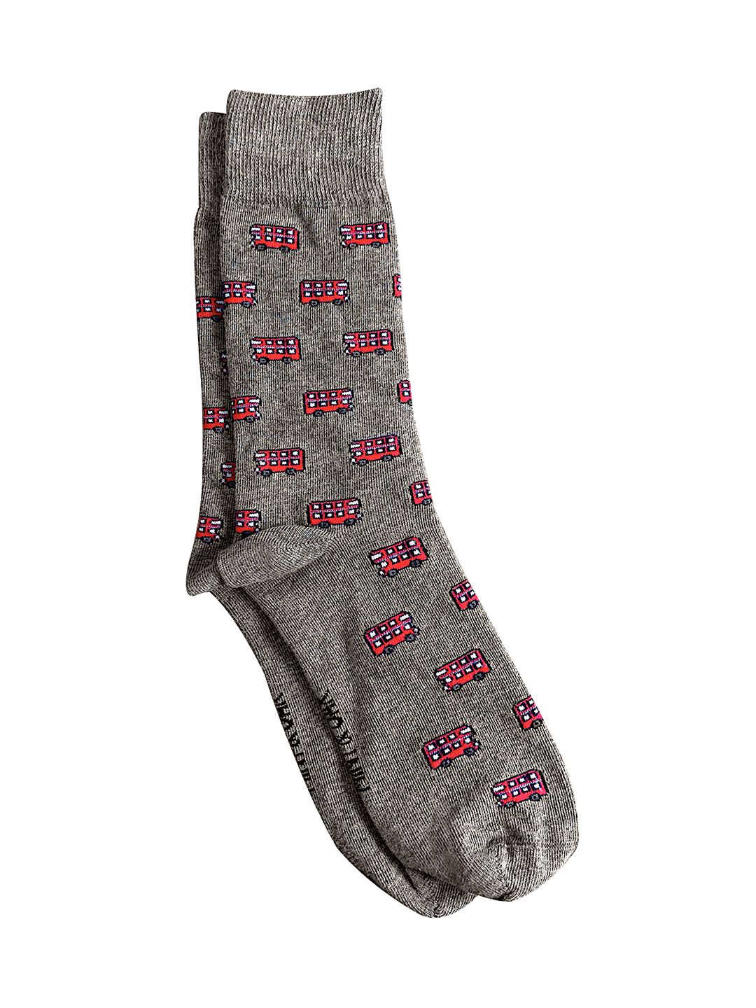 Mint & Oak Men Grey & Red Double Decker Bus Patterned Calf-Length Socks