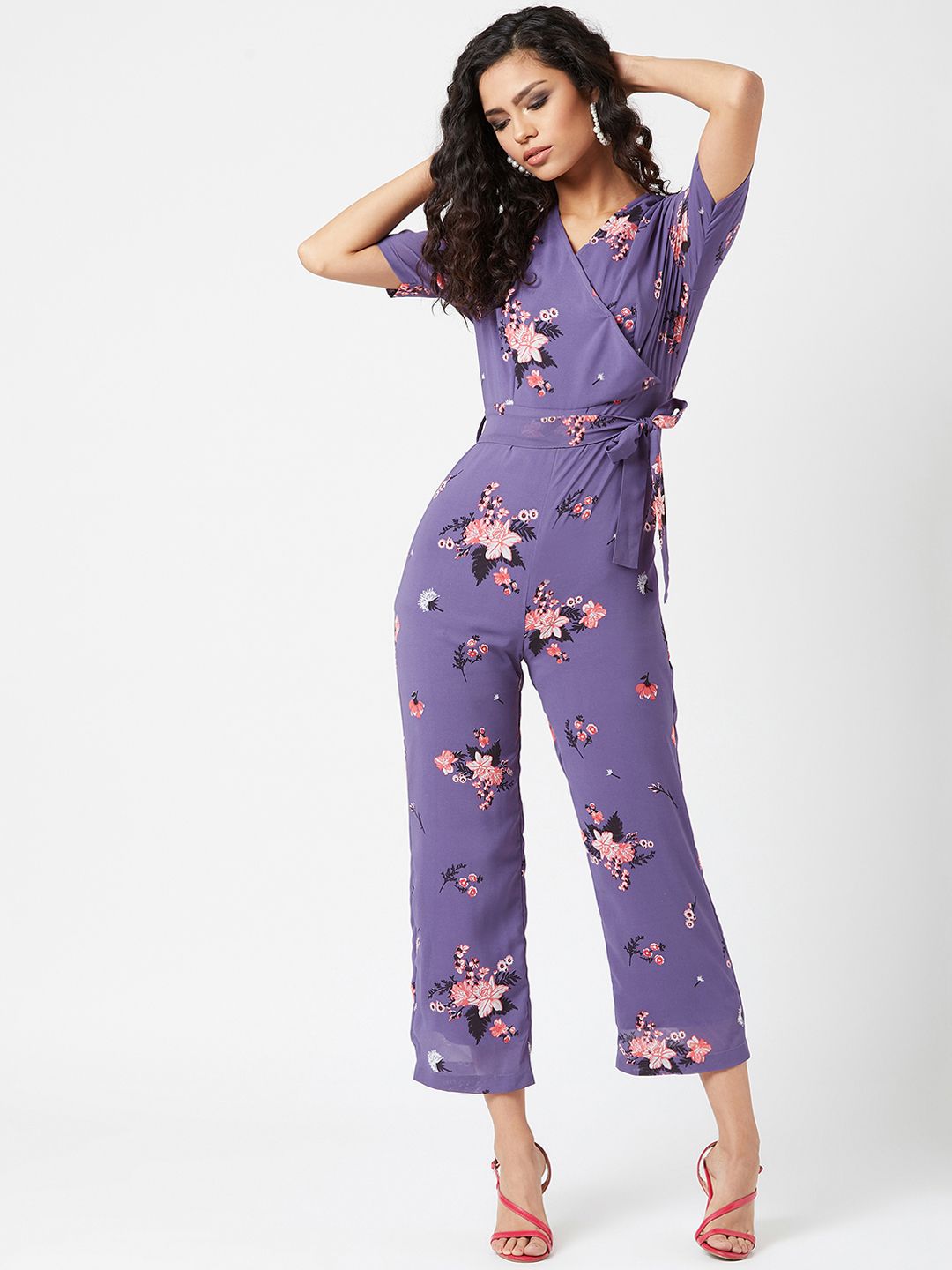 Miss Chase Women Lavender & Pink Printed Basic Wrap Jumpsuit Price in India