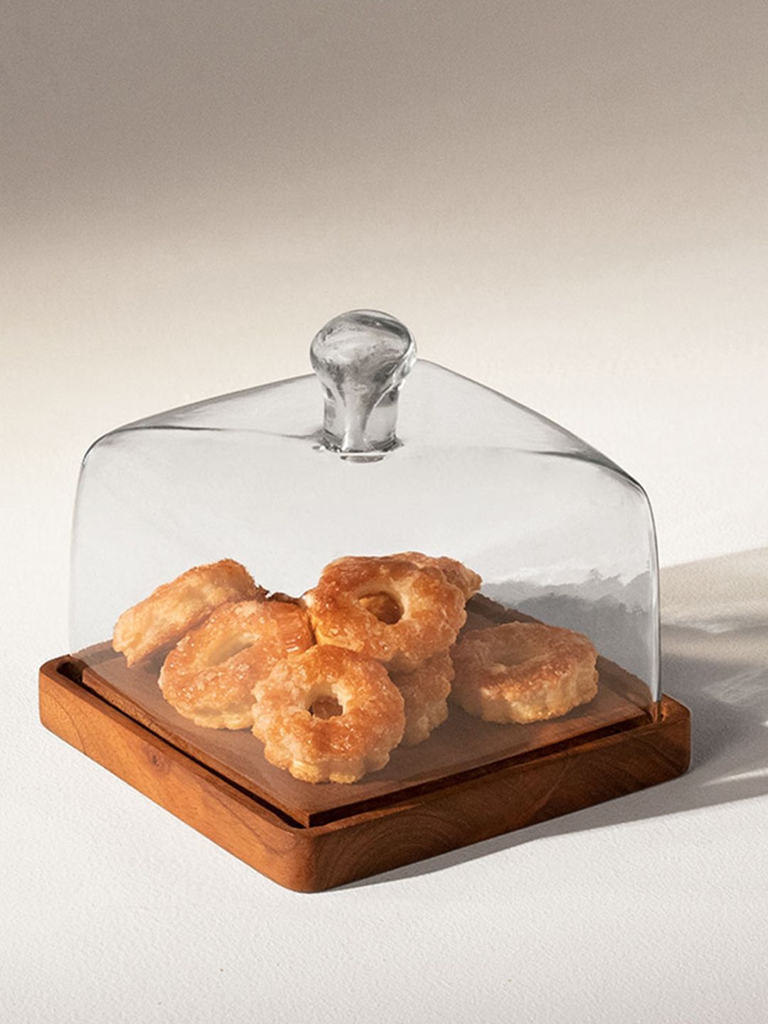 ellementry Transparent & Brown Cakesquare Glass Cloche with Wooden Stand Price in India