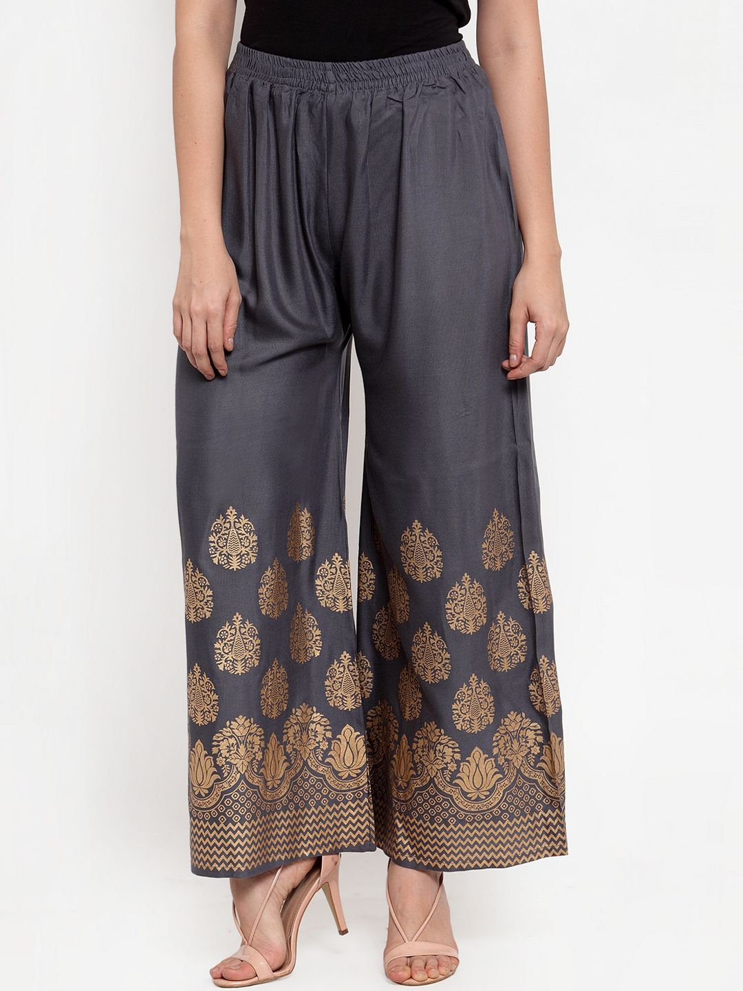 Jompers Women Grey & Gold-Coloured Printed Wide Leg Palazzos Price in India