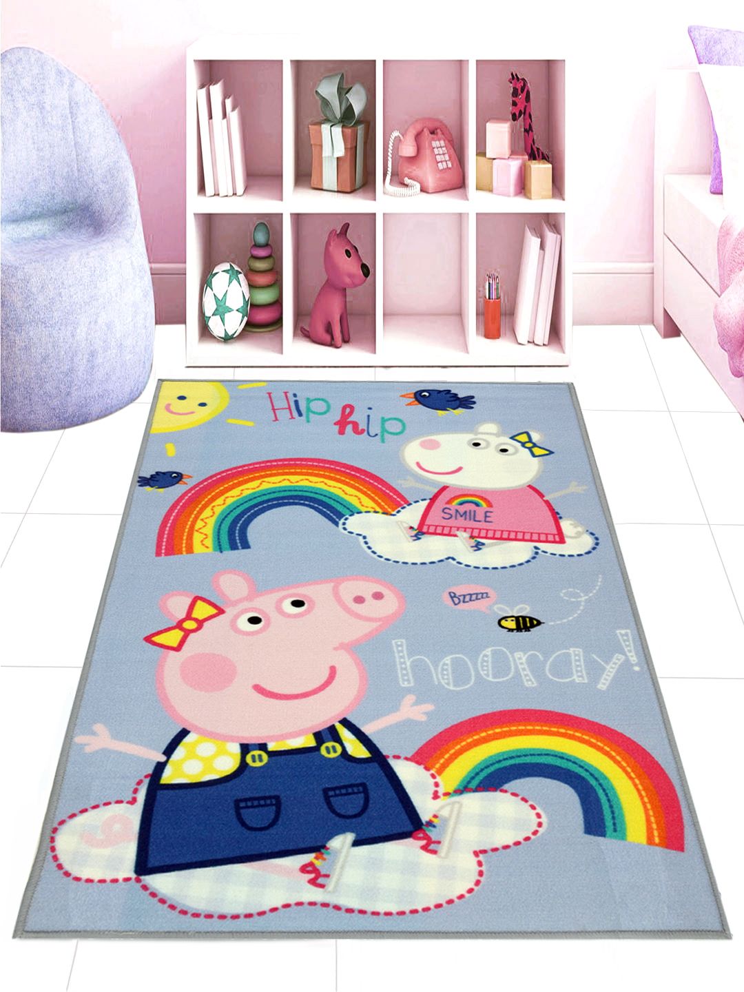 Saral Home Blue & Pink Peppa Pig Printed Soft Polypropylene Yarn Anti Skid Carpet Price in India
