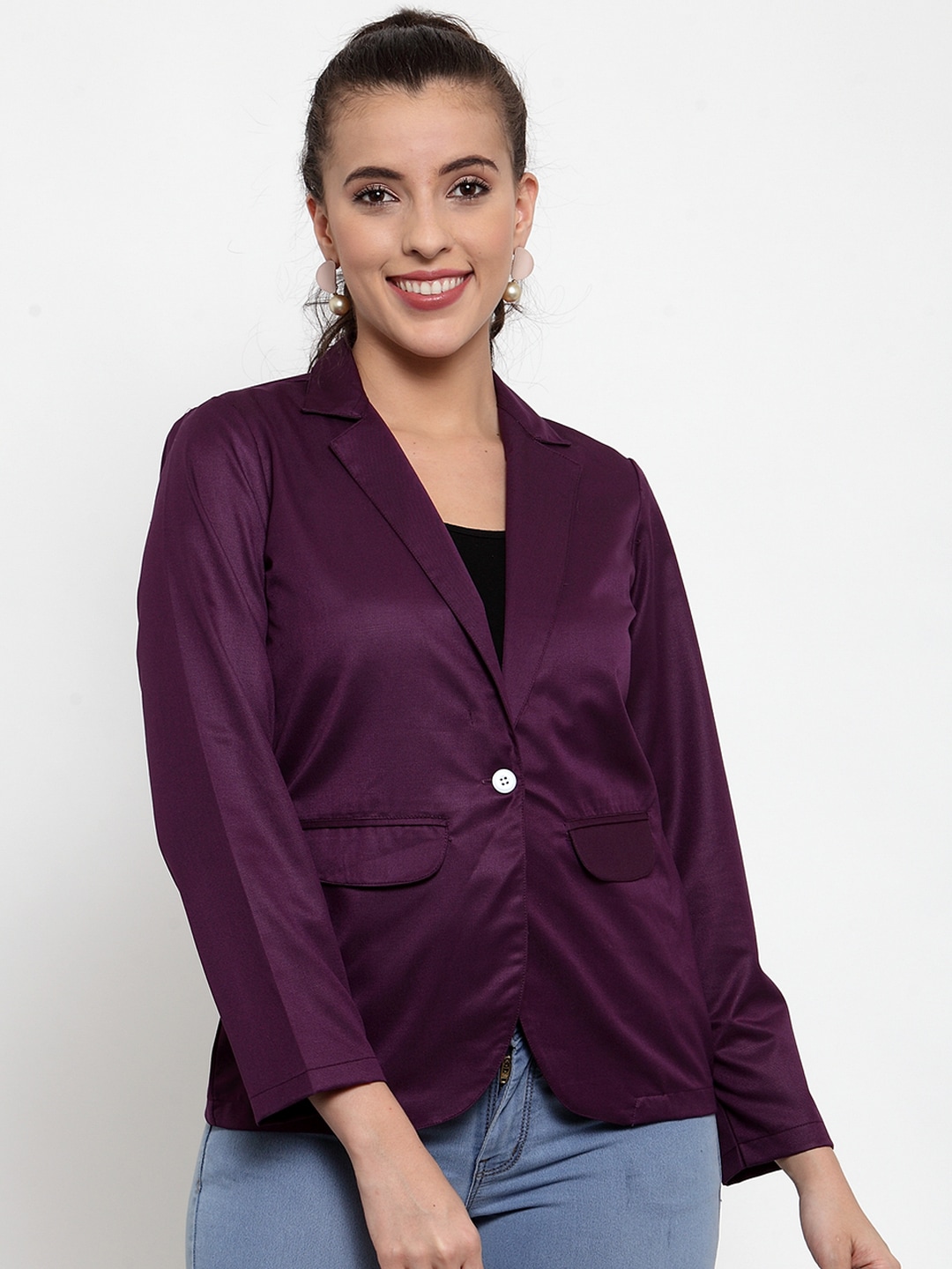 Jompers Women Purple Solid Single-Breasted Blazer Price in India