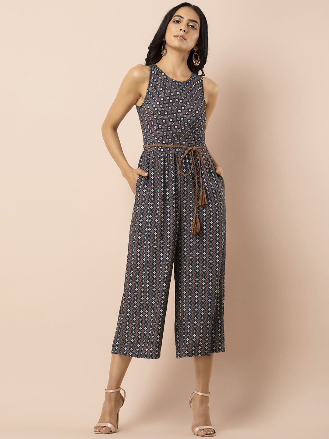 INDYA Women Navy Blue & Red Printed Culotte Jumpsuit Price in India
