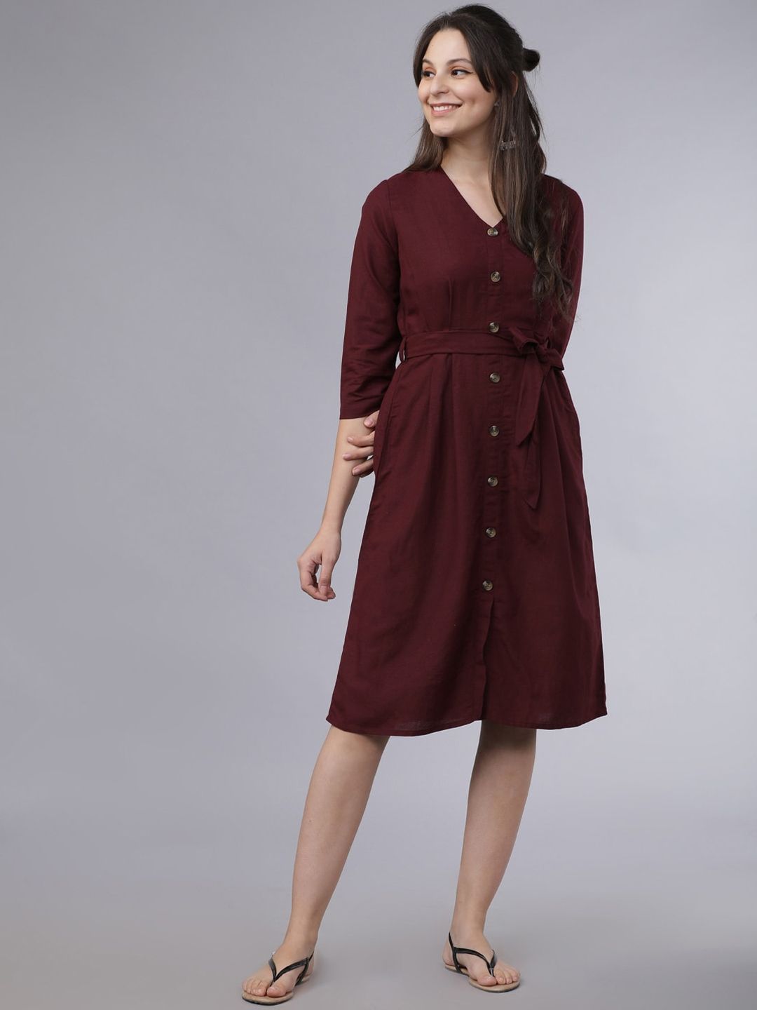 Tokyo Talkies Women Burgundy Solid A-Line Dress Price in India