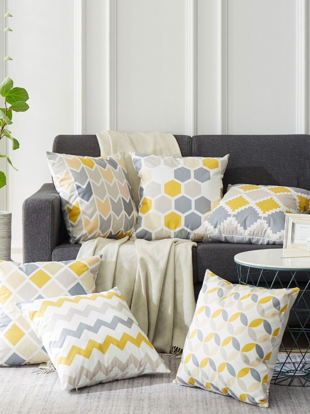 MODERN HOMES Yellow & Grey Set of 6 Geometric Square Cushion Covers Price in India