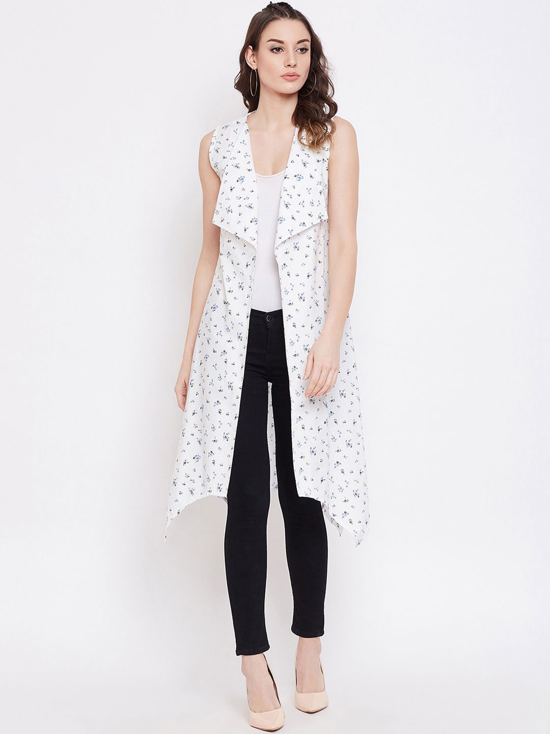 Hypernation Women White & Blue Printed Open Front Shrug