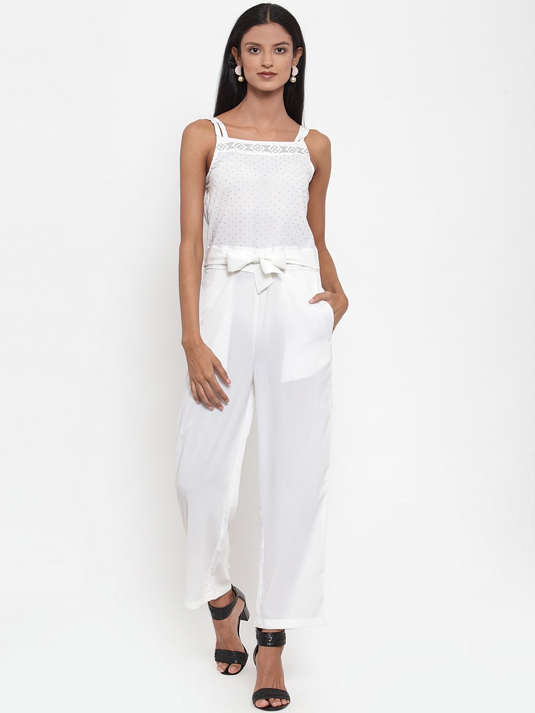 Jompers Women White Embellished Basic Jumpsuit Price in India