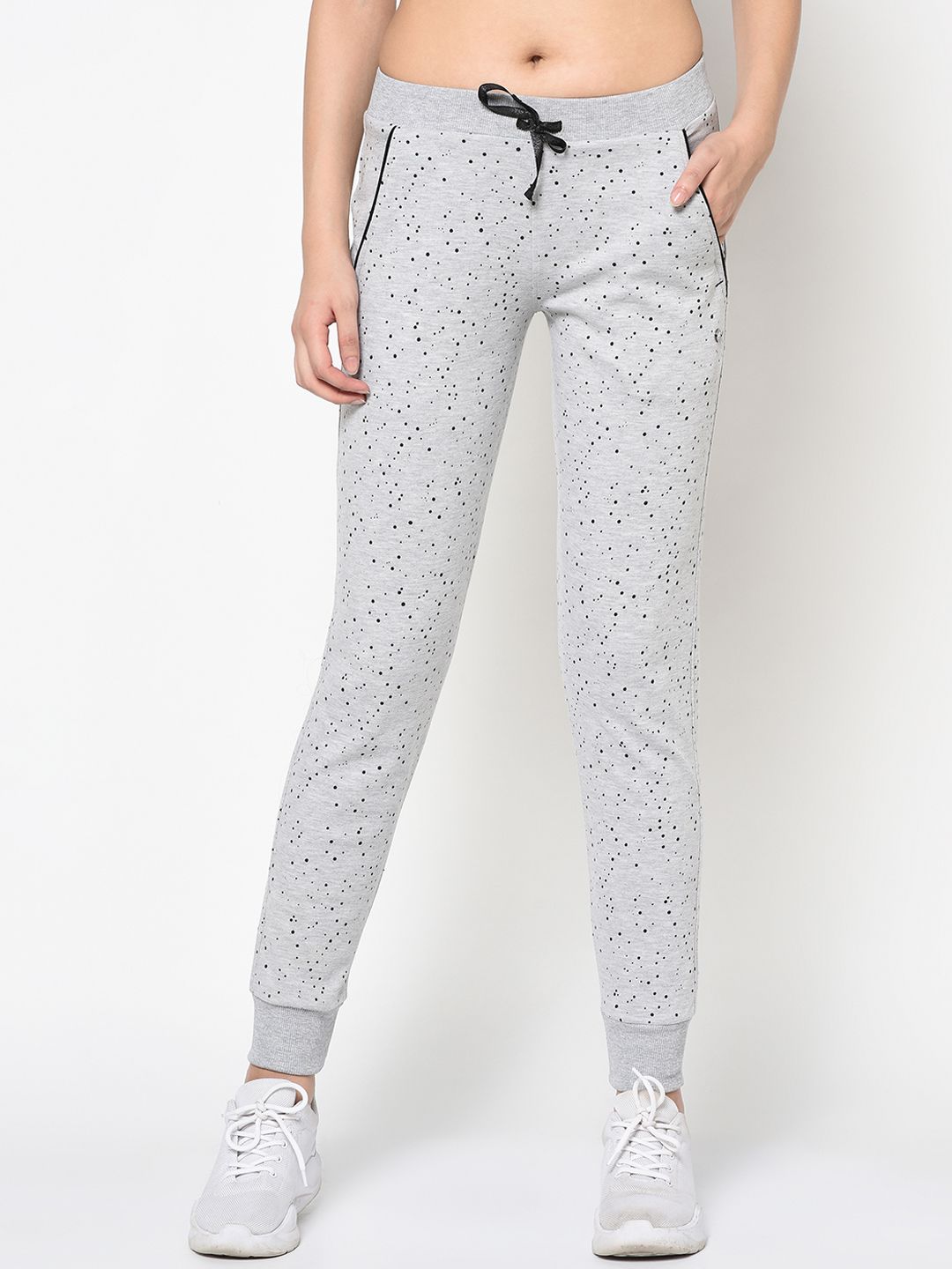 FEMEA Women Grey Polka Dots Printed Slim-Fit Joggers Price in India