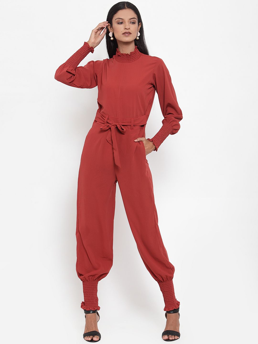 Jompers Women Rust Solid Basic Jumpsuit Price in India