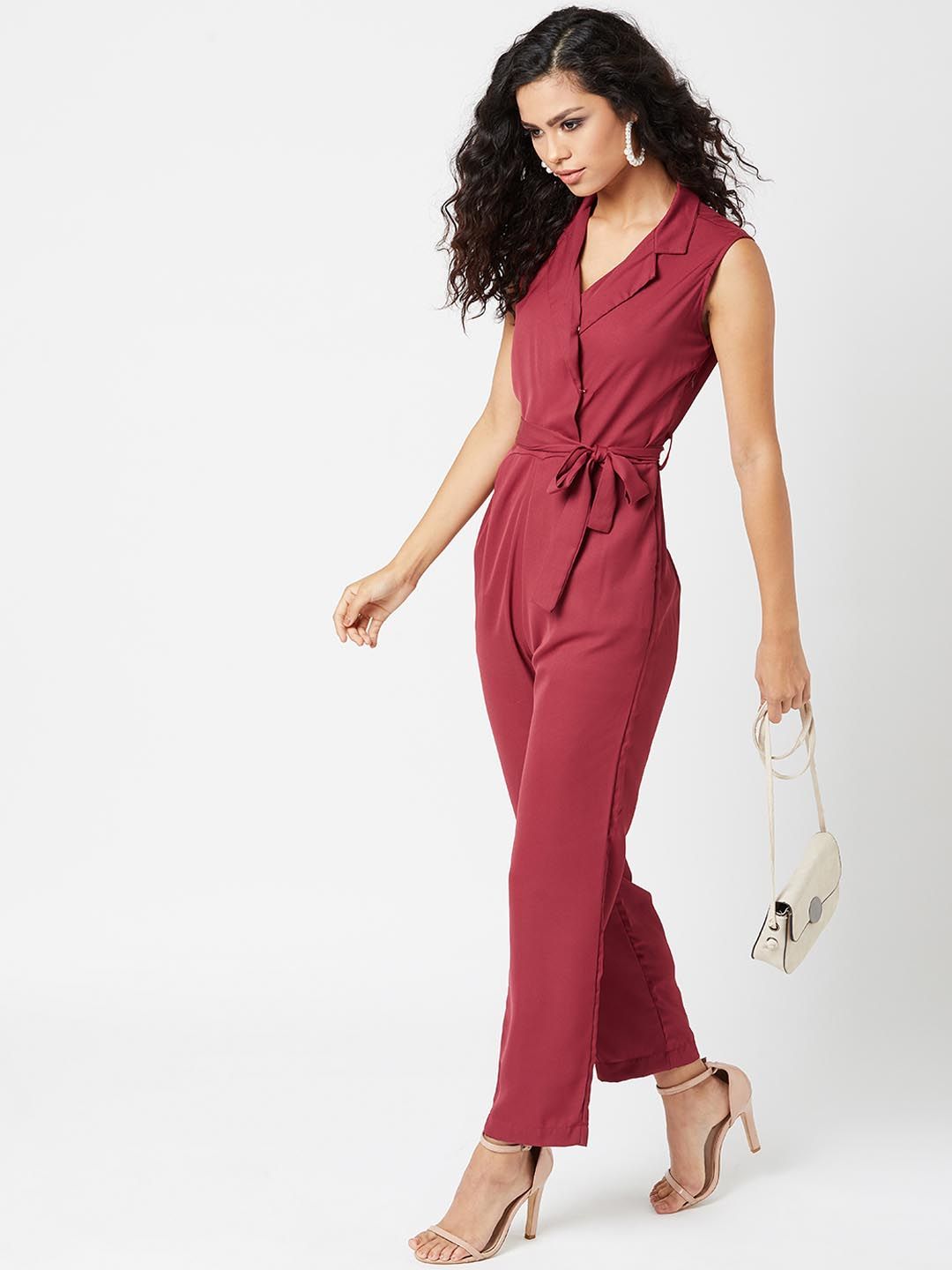 Miss Chase Women Maroon Thinking Out Loud Collar Jumpsuit Price in India