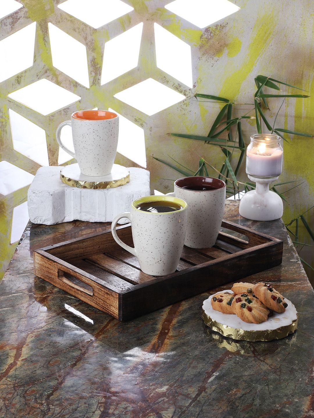 CDI Set Of 6 Brown & White Marble Textured Large Size Tea Cups With Tray Price in India