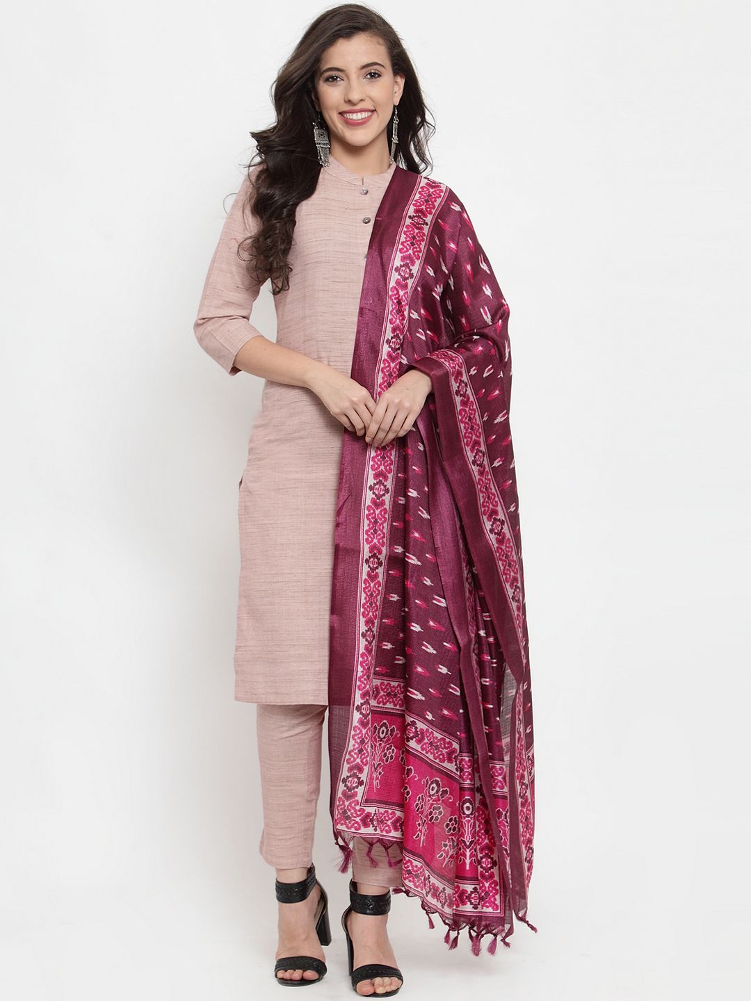 Jompers Women Pink Solid Kurta with Trousers & Dupatta Price in India