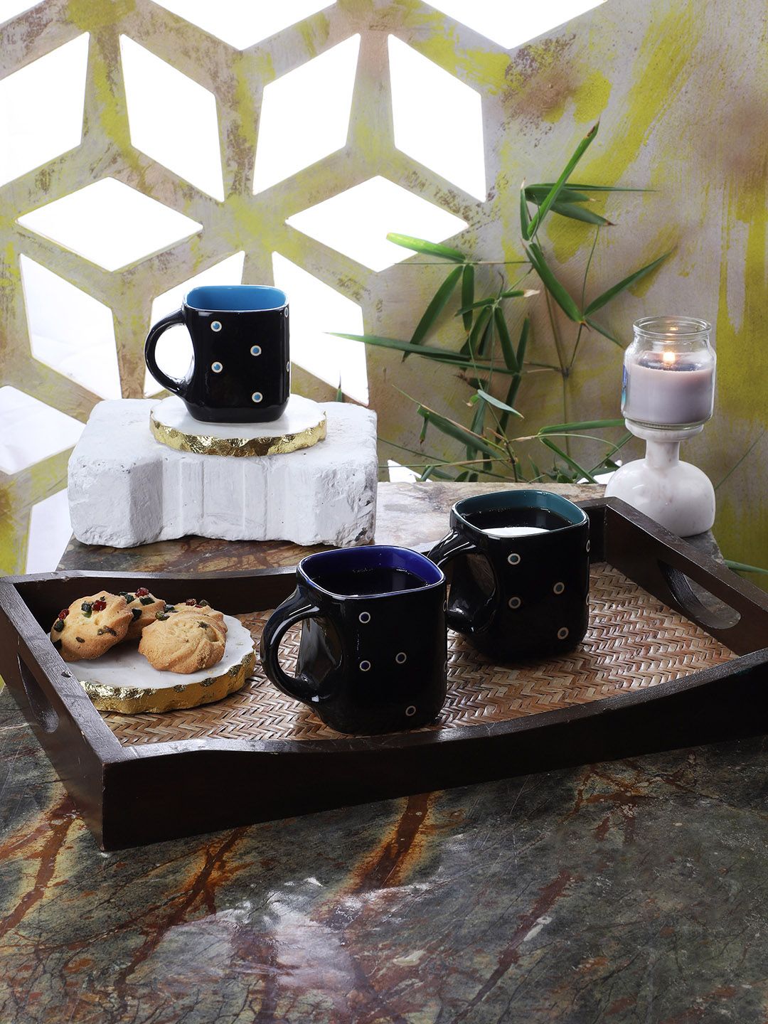 CDI Black & White Dot Printed 6-Pieces Ceramic Square Curve-Shaped Tea Cups Set Price in India