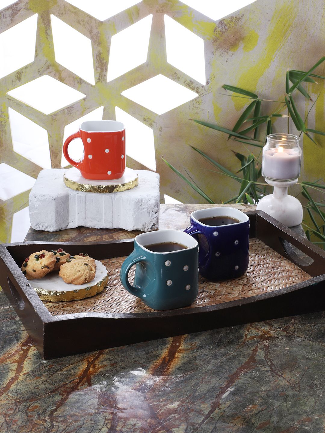 CDI Set Of 6 Blue & Red Dot Printed Square Curve-Shaped Tea Cups Price in India