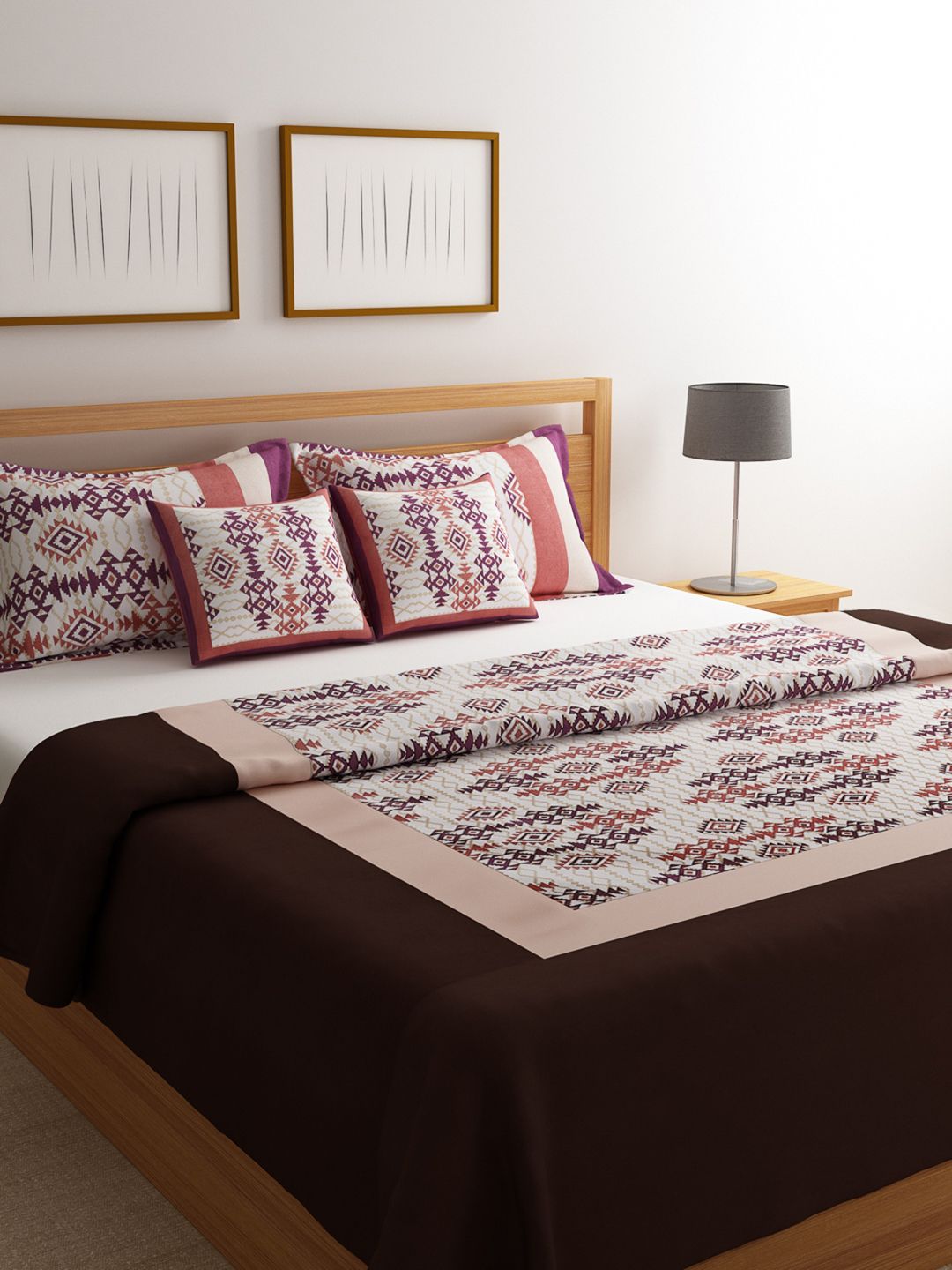ROMEE Coffee Brown & White Ethnic Motifs Printed Double Queen Bed Cover with 2 Pillow & 2 Cushion Covers Price in India