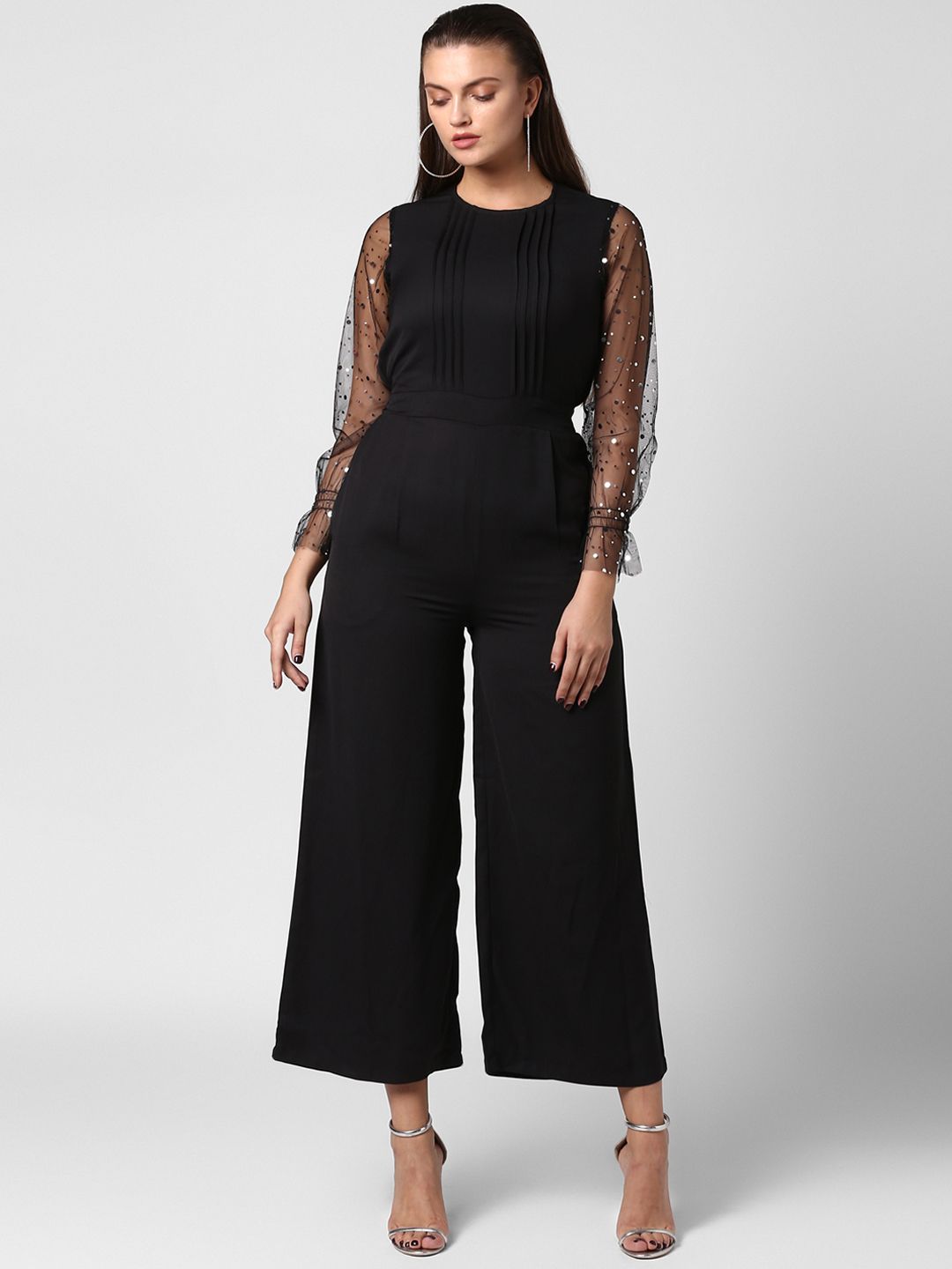 StyleStone Women Black Embellished Net Sleeves Basic Jumpsuit Price in India