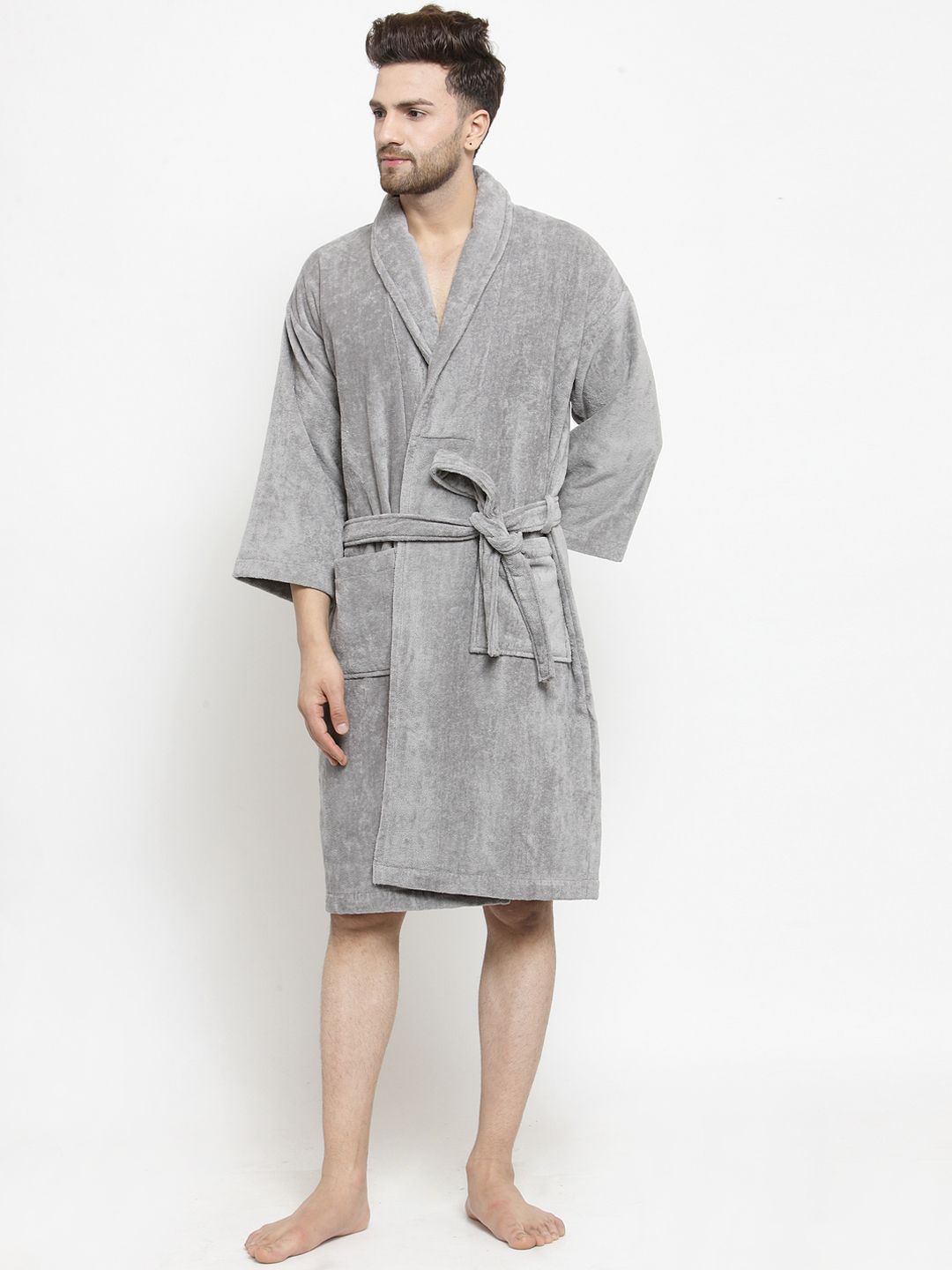 MYTRIDENT Comfort, Cloud Burst Grey Solid Cotton Drawstring Knee Length Bath Robe-M